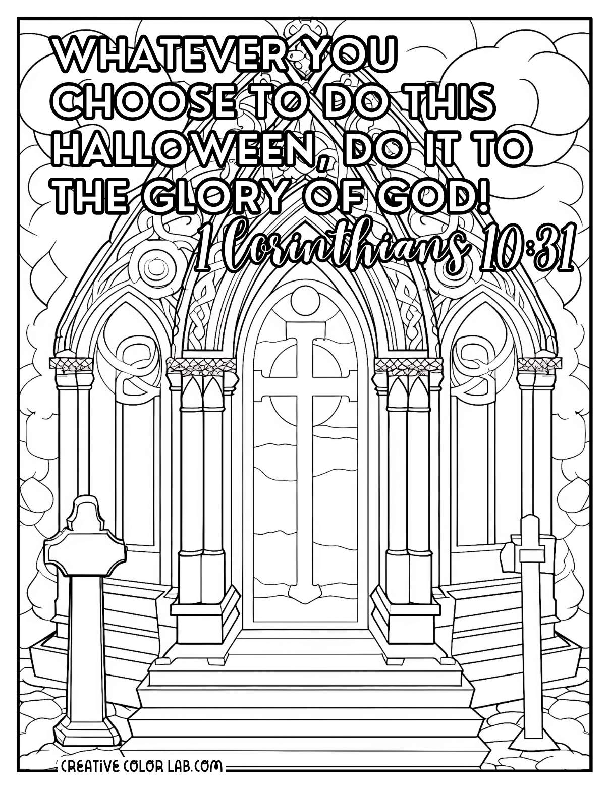 1 Corinthians 10:31 chapel halloween coloring page.