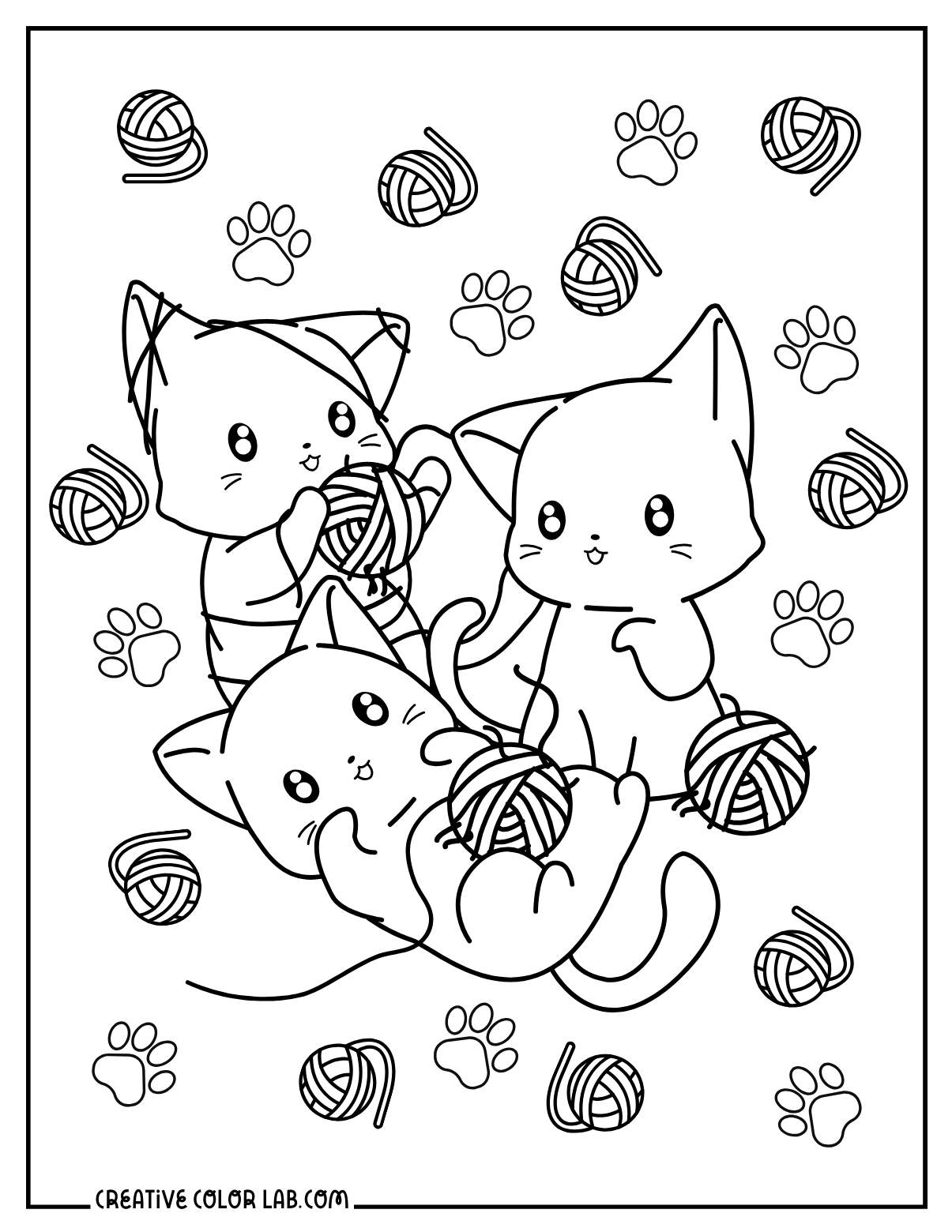 Amigurumi kittens playing with yarn coloring page.