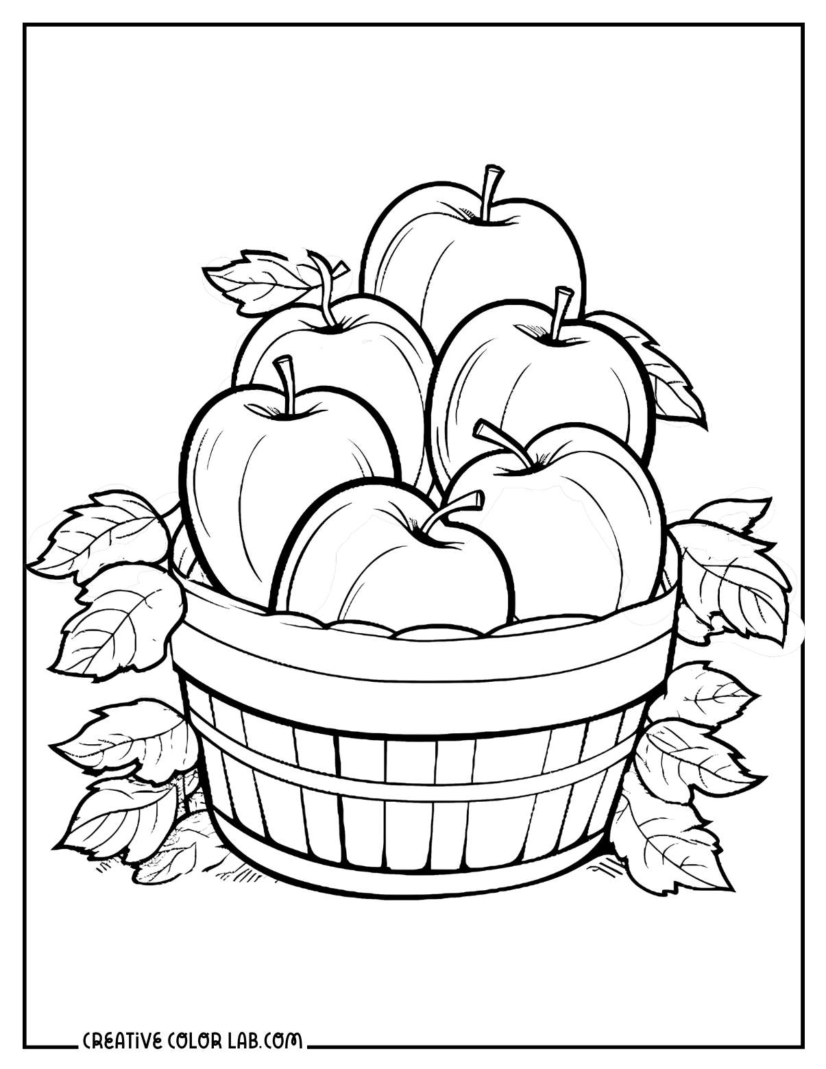 Apple basket coloring page PDF.