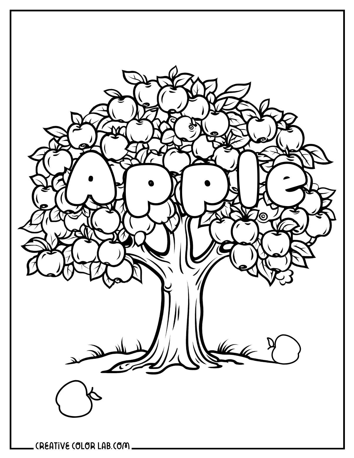 Simple apple orchard coloring page for kids.