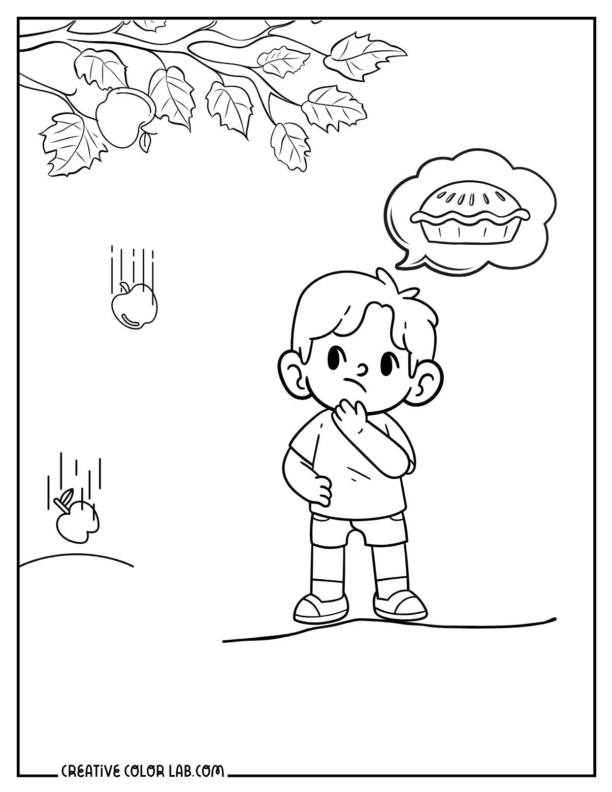 A kid thinking about apple pie coloring page for kids.