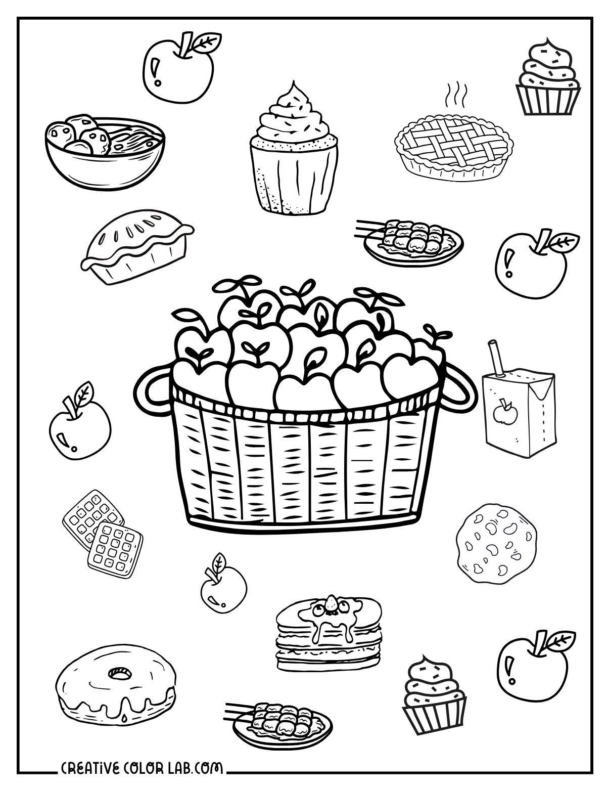 Apple pie, juice, muffin and other food doodles to color.