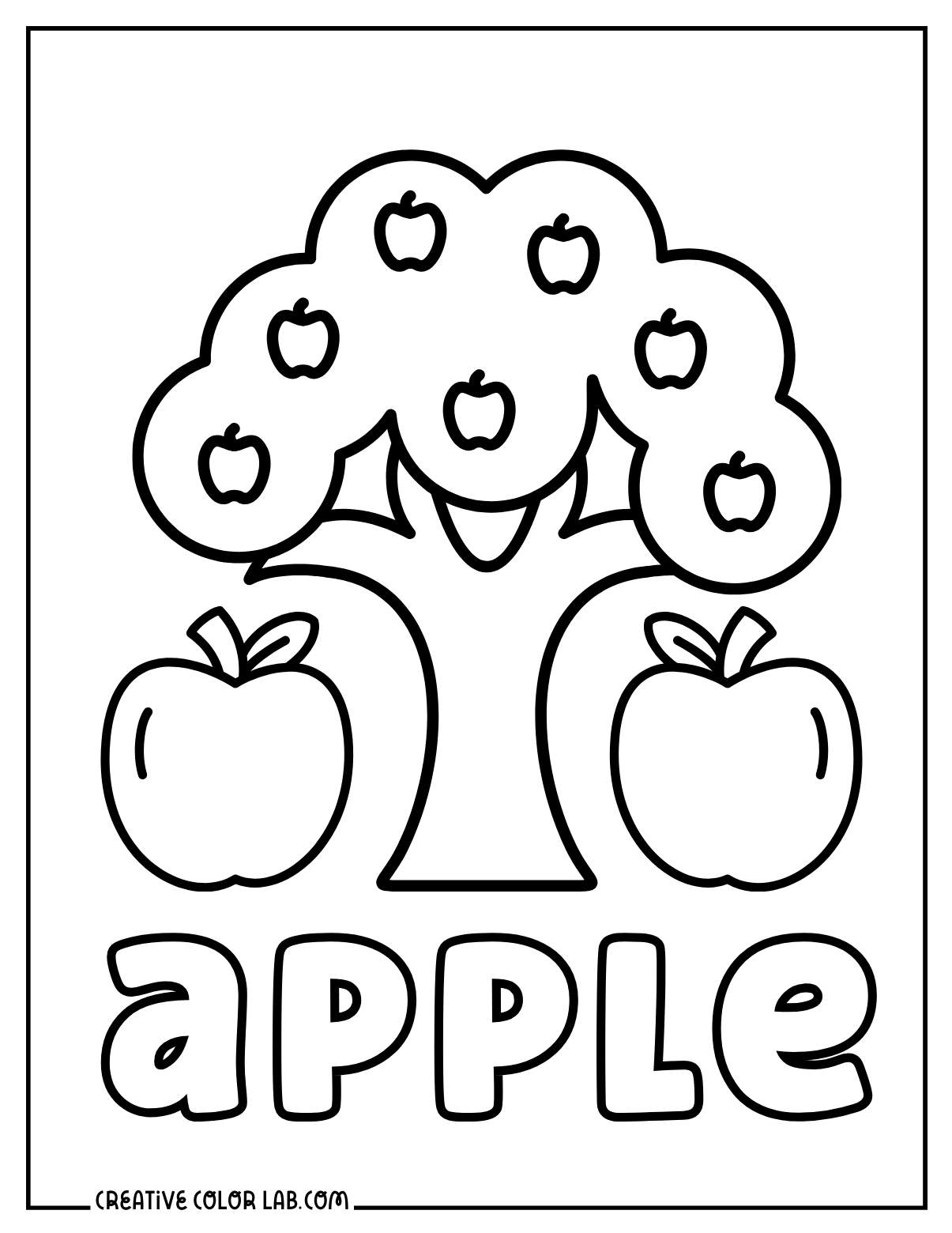 Easy apple tree coloring page for preschool PDF.