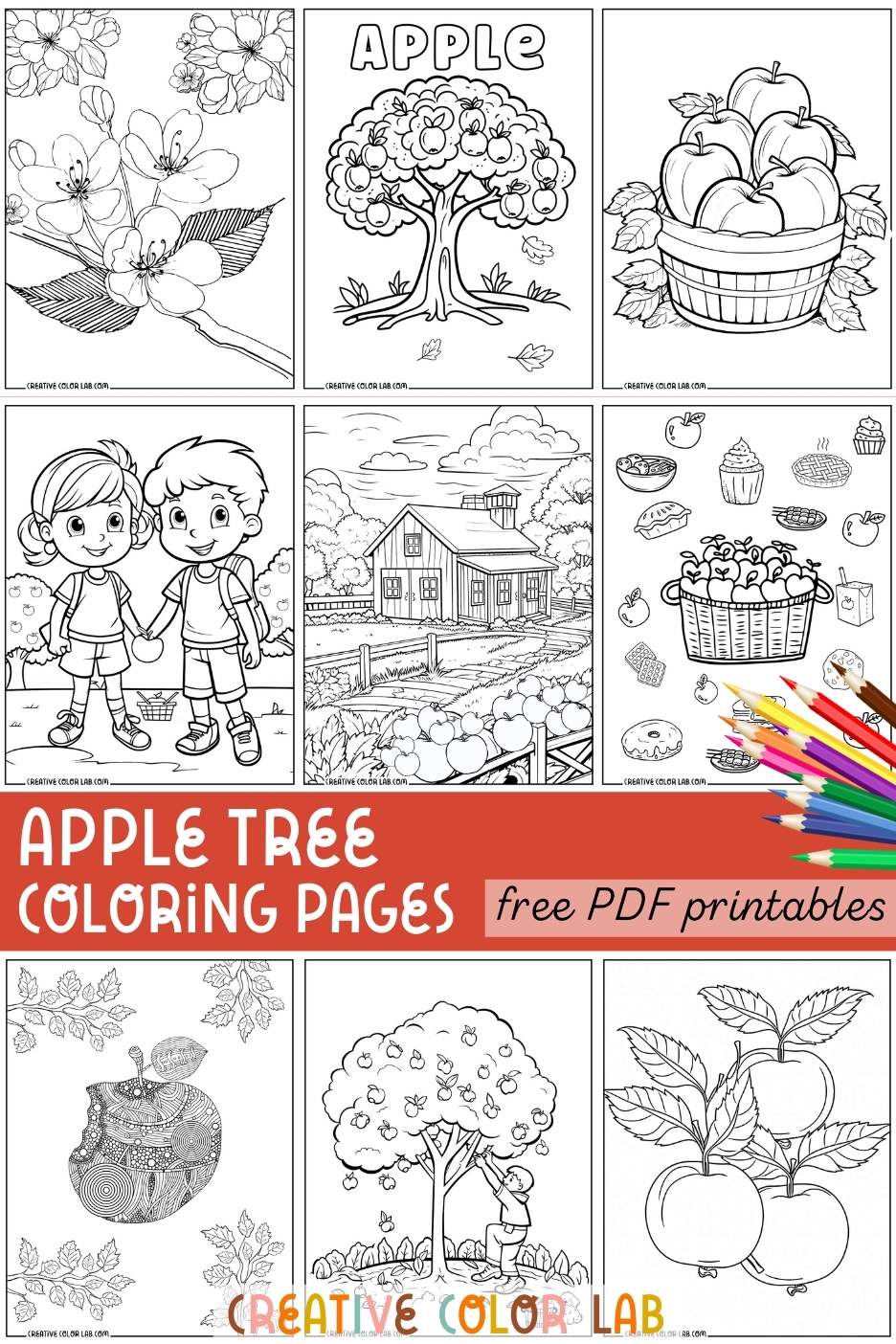 Collection of apple tree coloring pages to download.