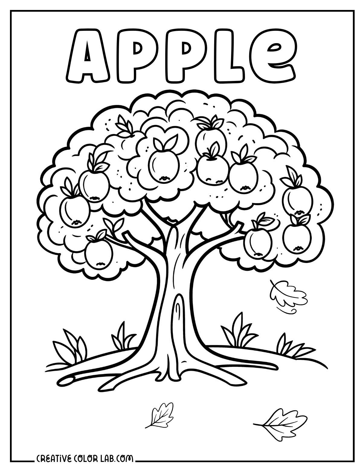 Apple tree coloring sheet for preschool.