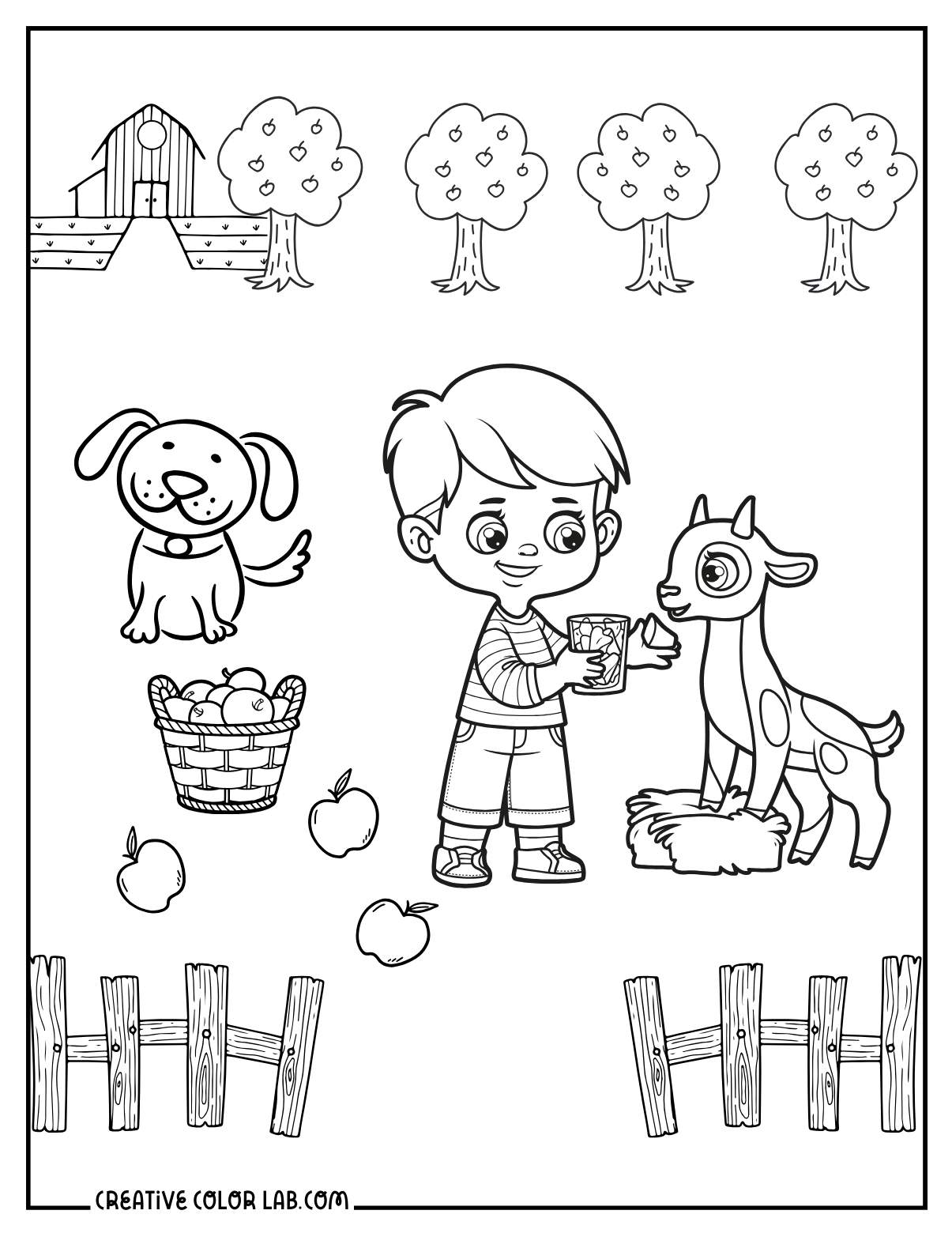 Apple tree orchard illustration to color.