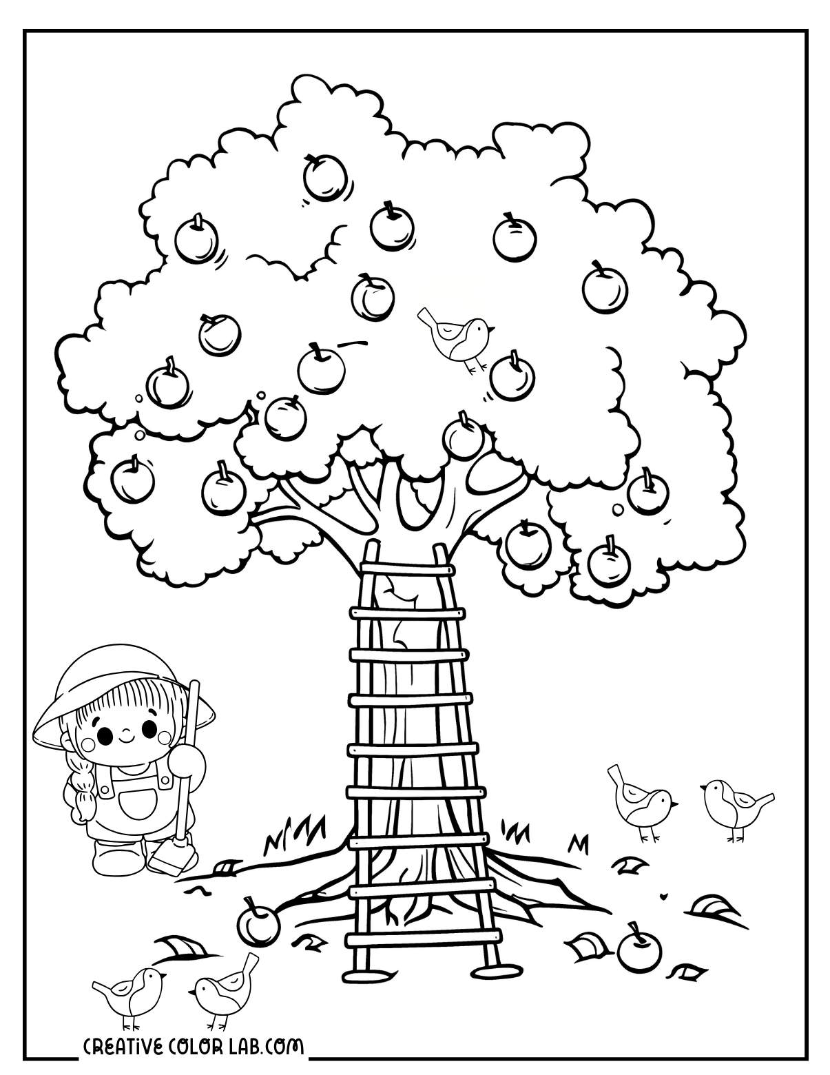 Apple tree picking picture to color for kids.