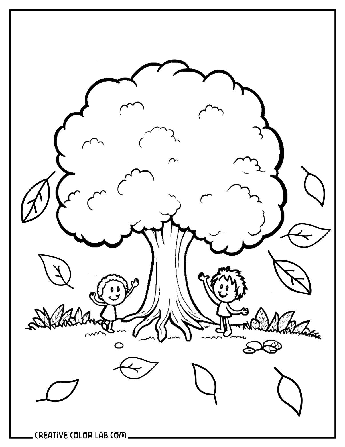 Autumn tree coloring page for kids.