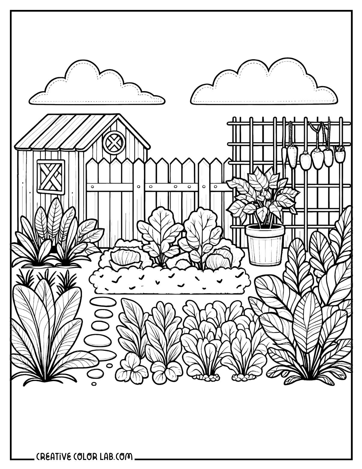 A backyard garden picture to color for adults.
