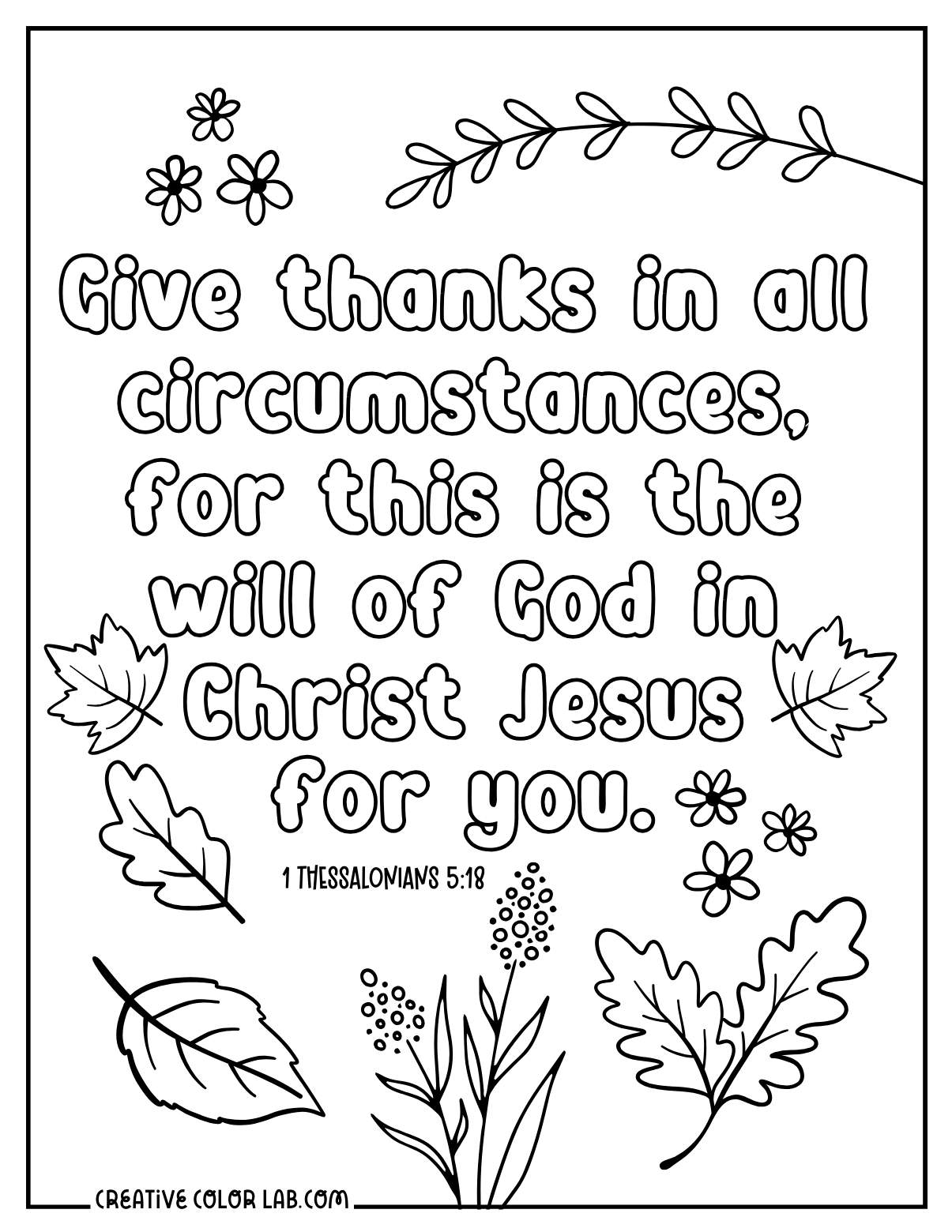 Bible quote coloring page of Thessalonians 5:18.