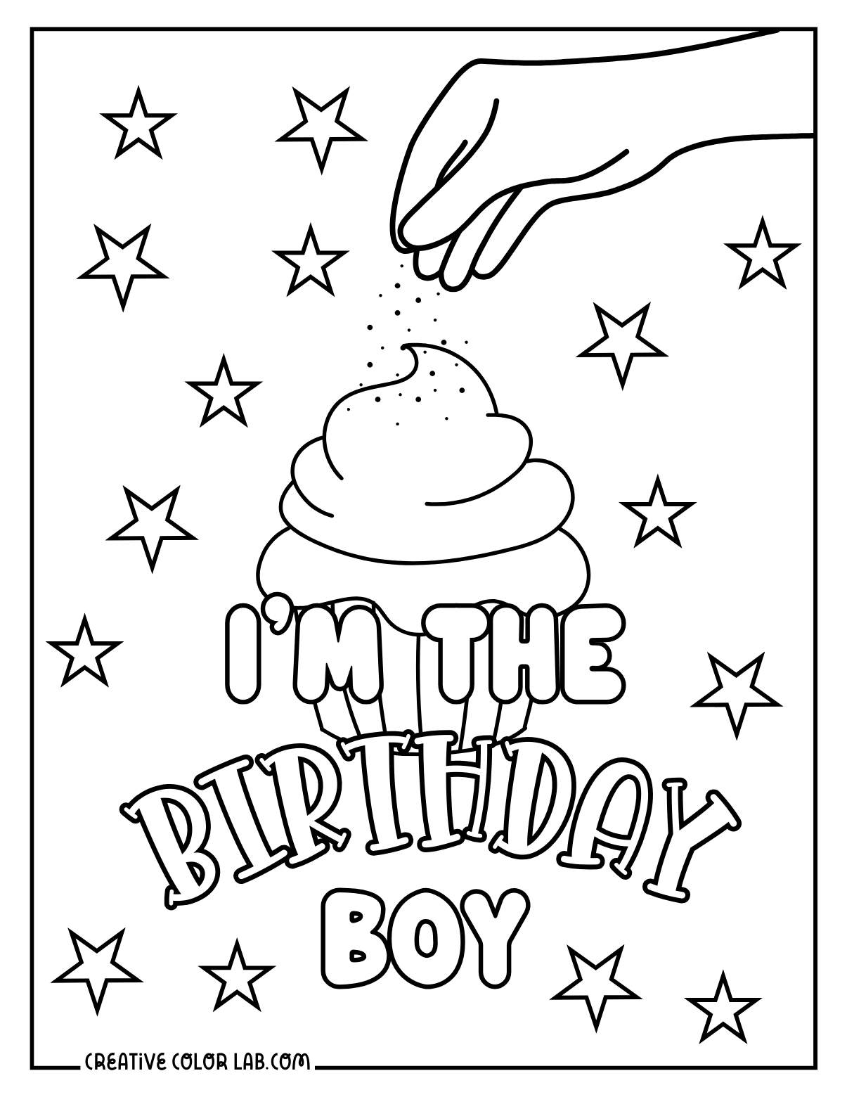 Birthday boy cupcake coloring sheet for kids.