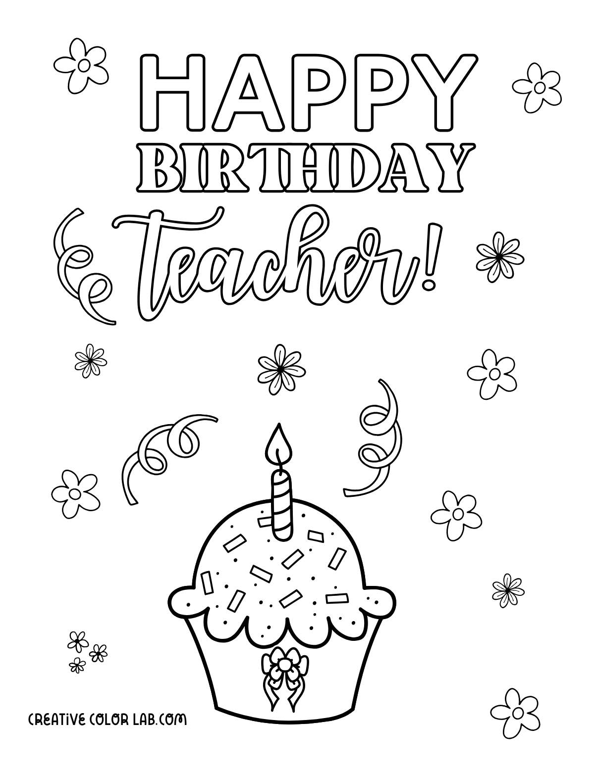 Printable birthday card for teacher to color.