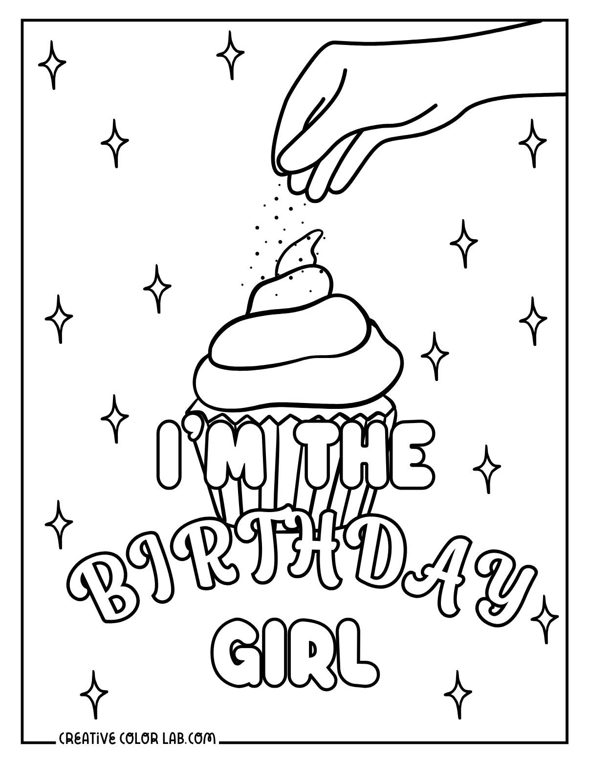 Birthday girl cupcake coloring sheet for kids.