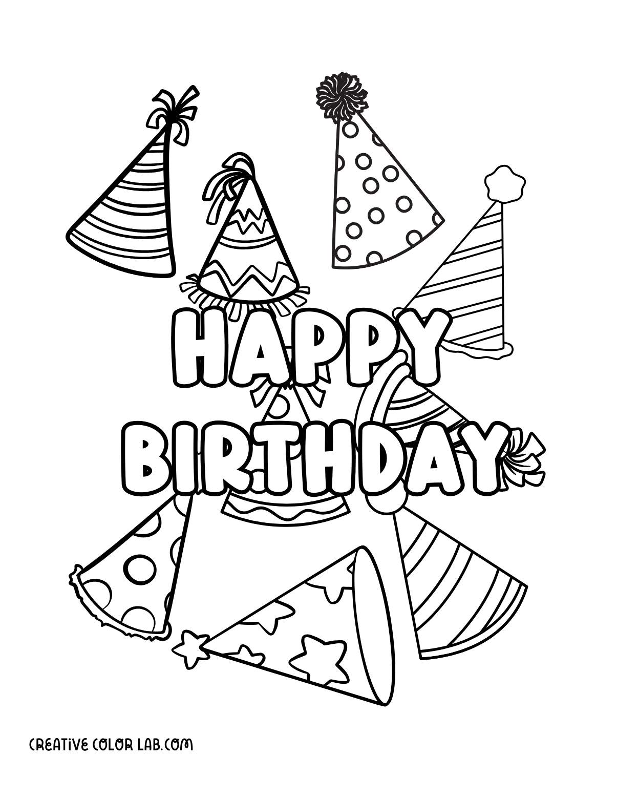 Different birthday hats printable card to color.