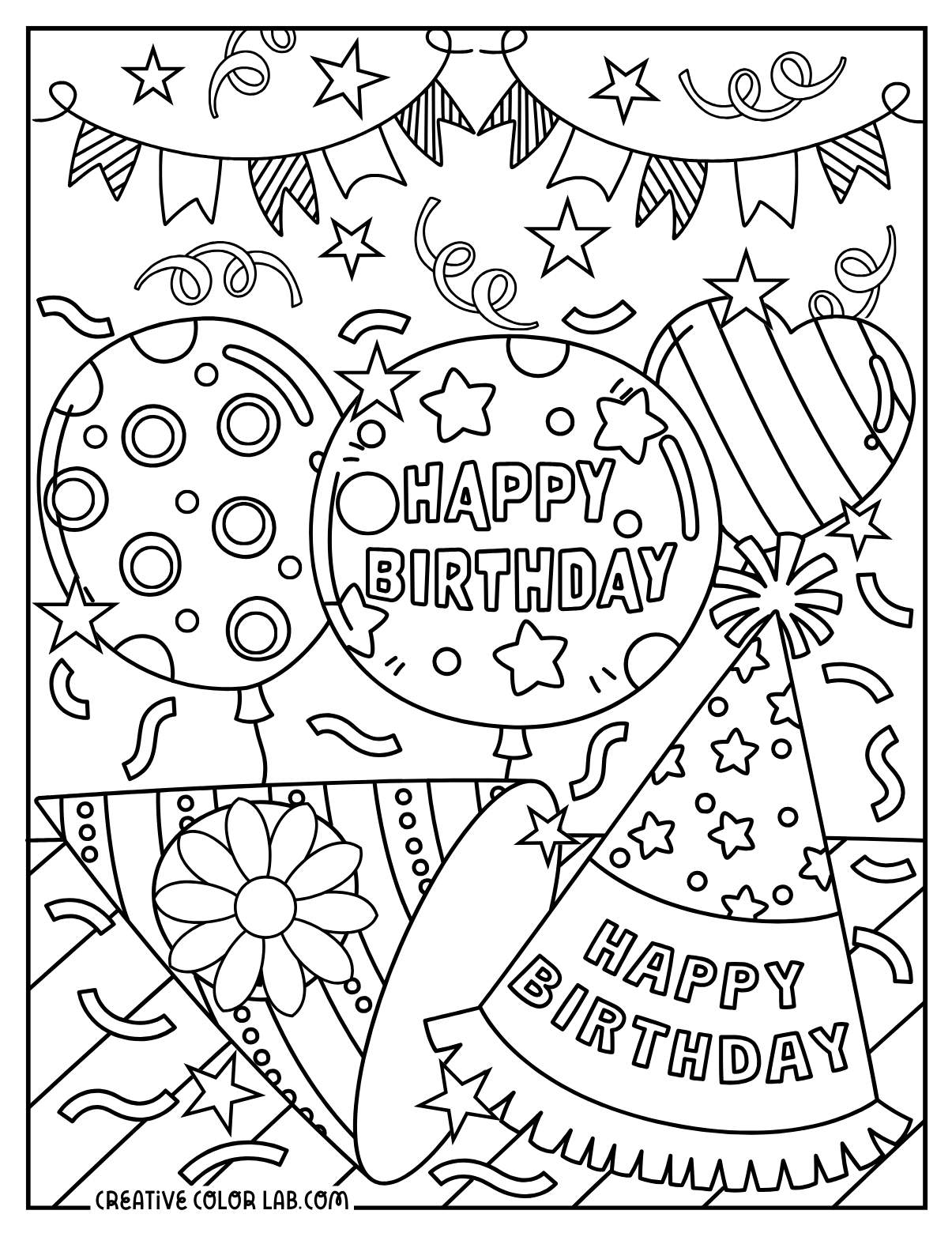 Birthday party coloring page PDF.