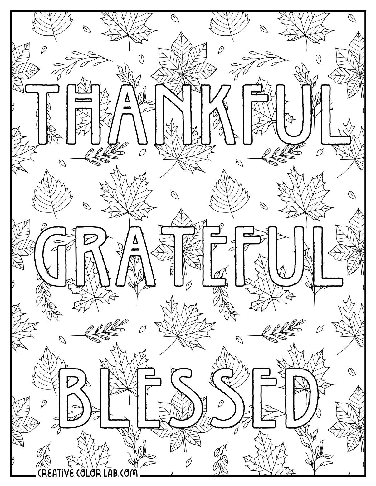 "Blessed, thankful and grateful" coloring page.