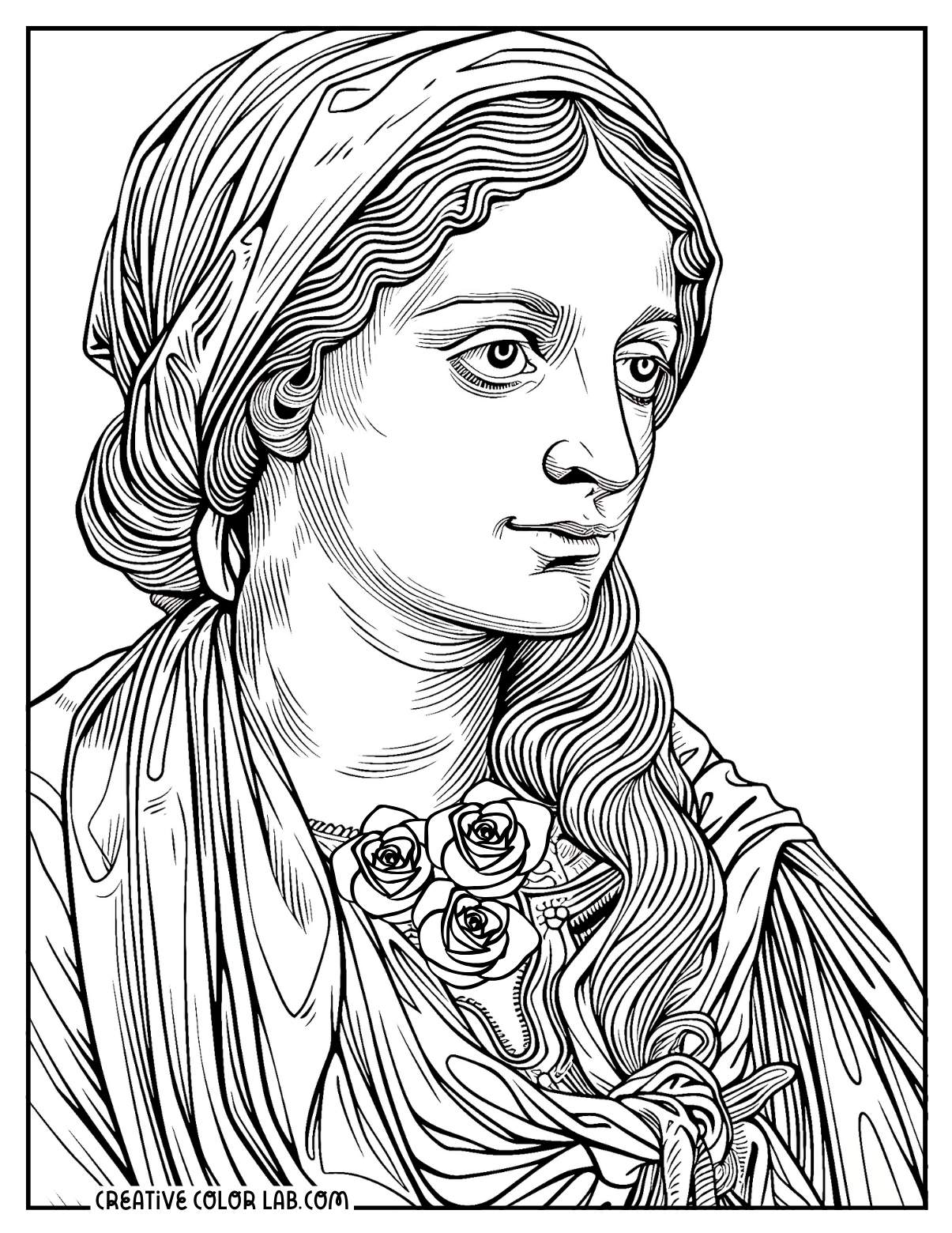 Blessed virgin Mary coloring page for adults.