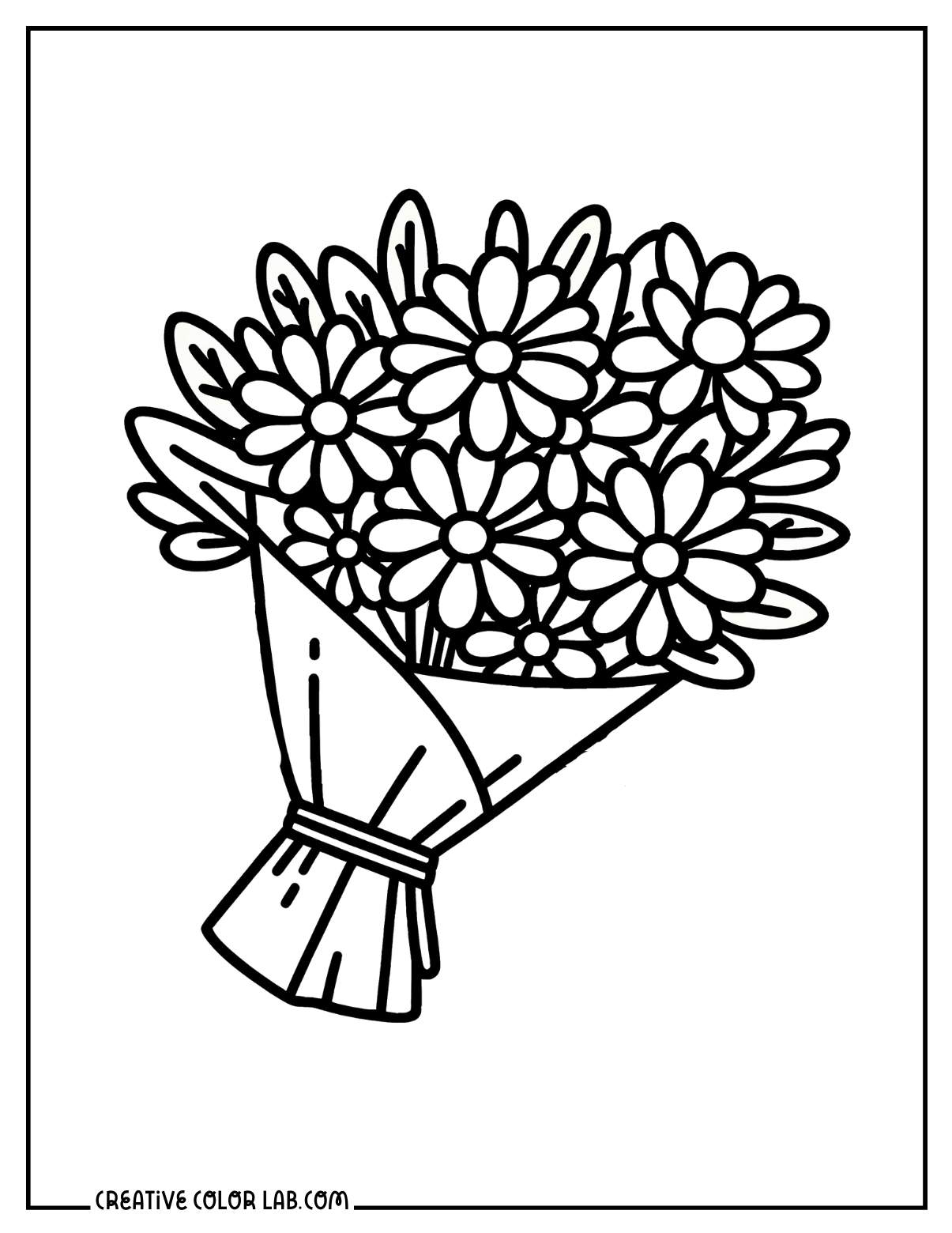 Bouquet of daisies wrapped on a paper coloring page.