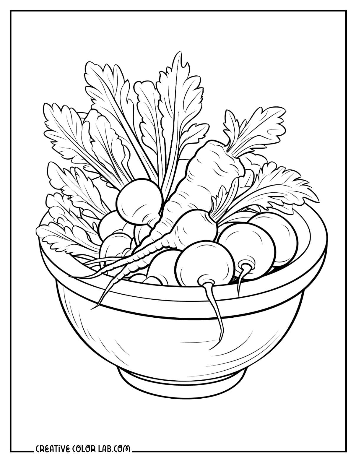 A bowl of vegetables from garden coloring page.