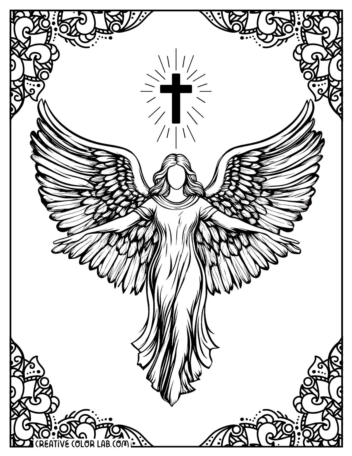 Detailed catholic angel coloring page for adults.