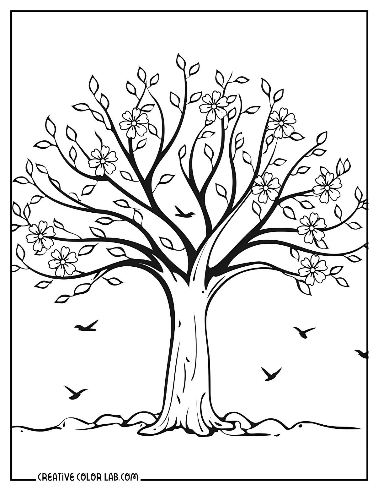 Cherry blossom tree coloring page for spring.