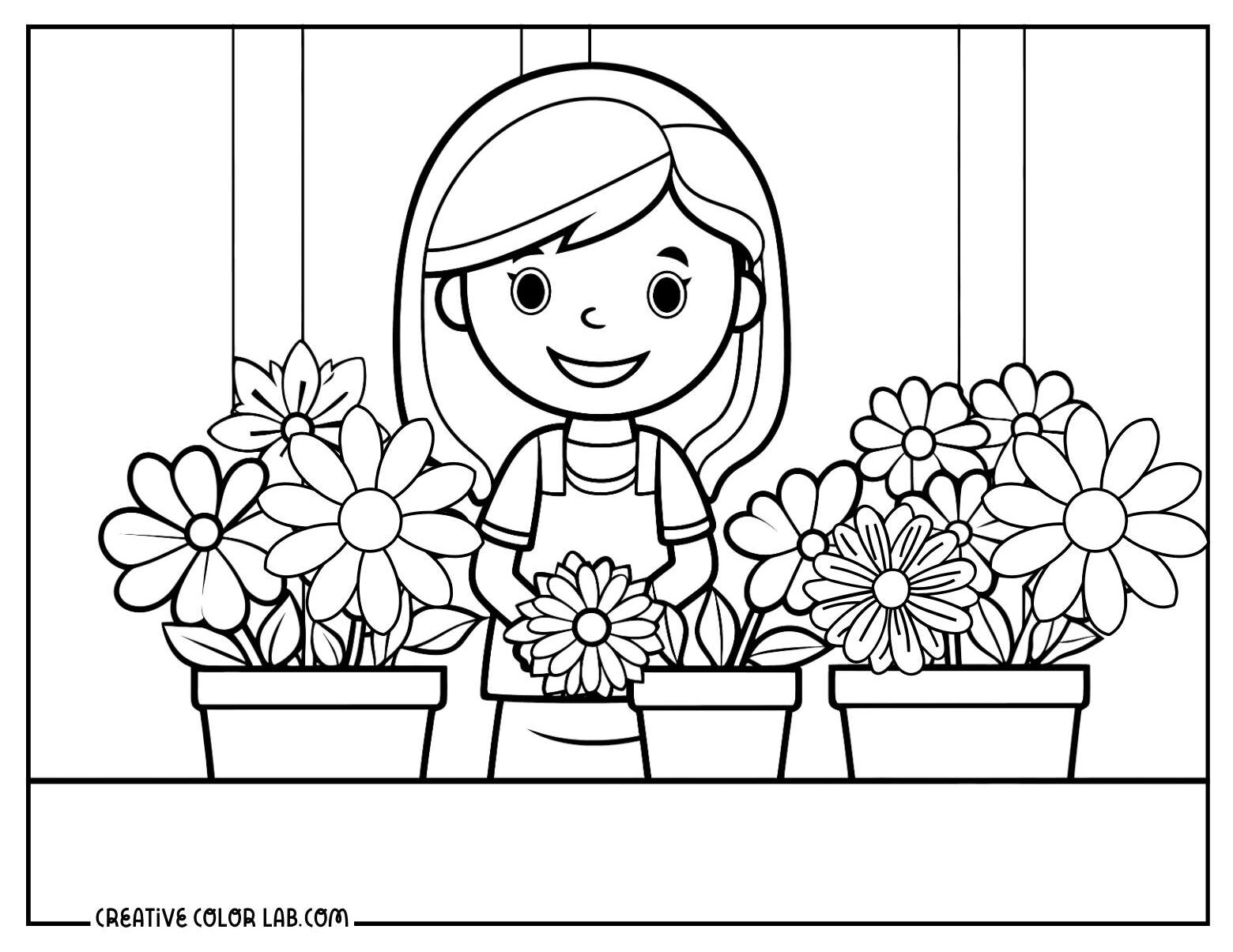 A little girl planting daisy flowers coloring page.