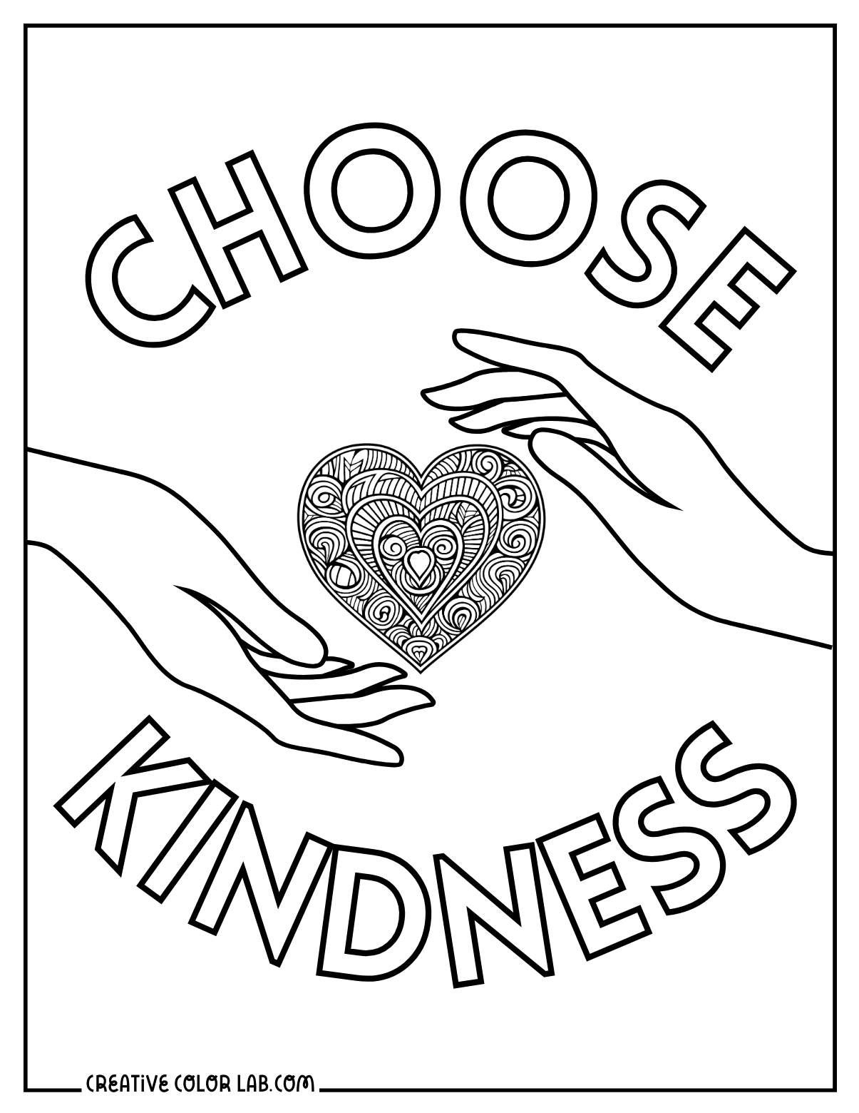 Choose kindness with mandala heart illustration to color.