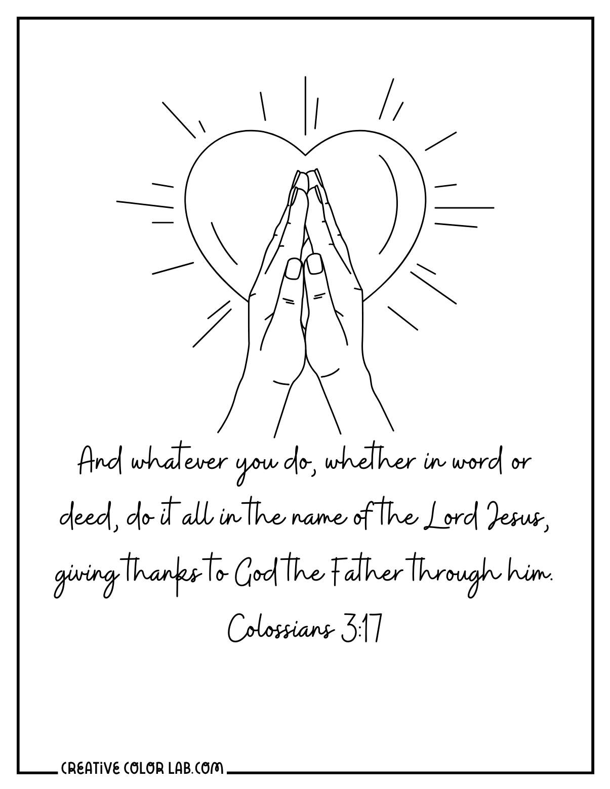 Simple Colossians 3:17 scripture coloring page.