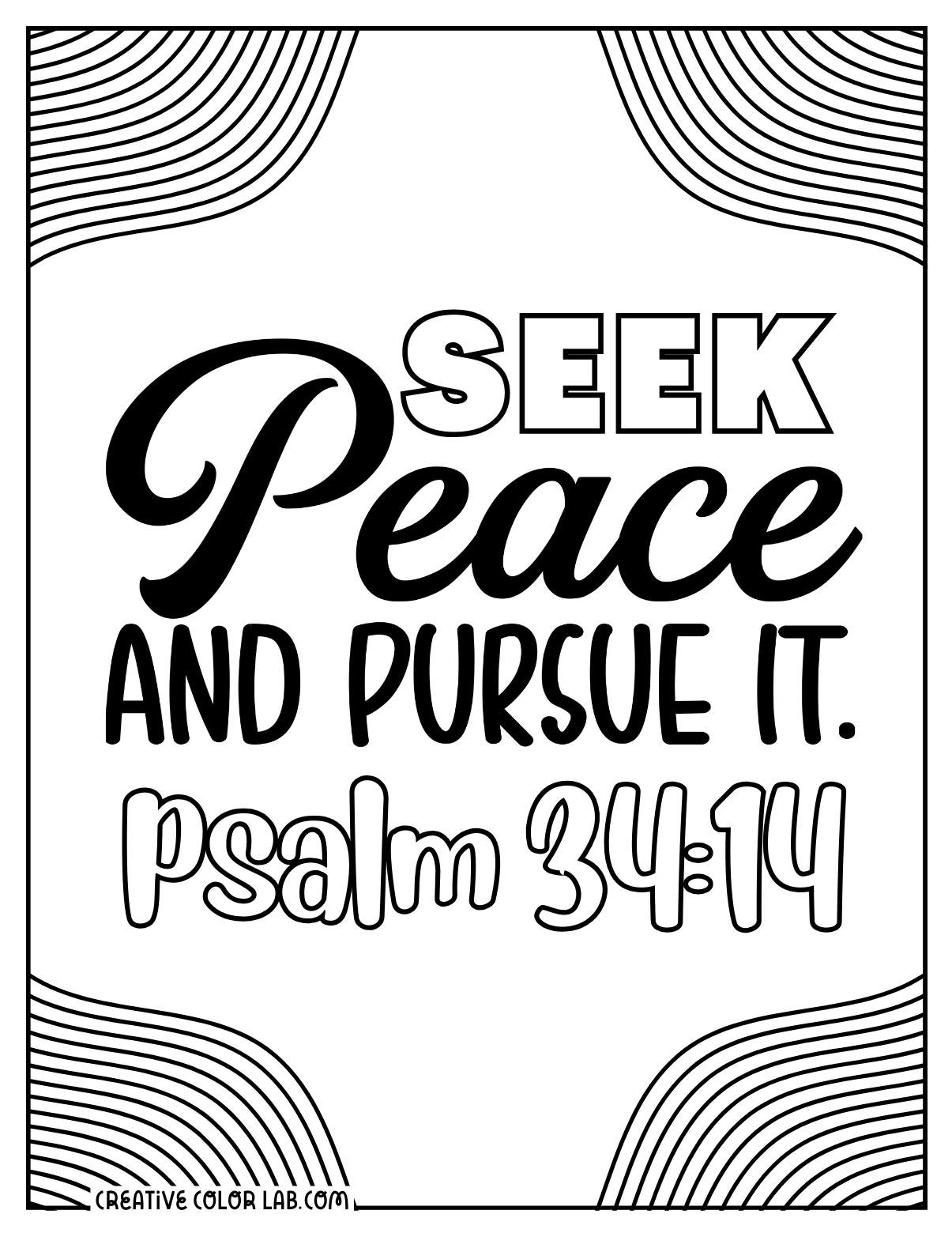 Christian meditation coloring page about Psalm 34:14.