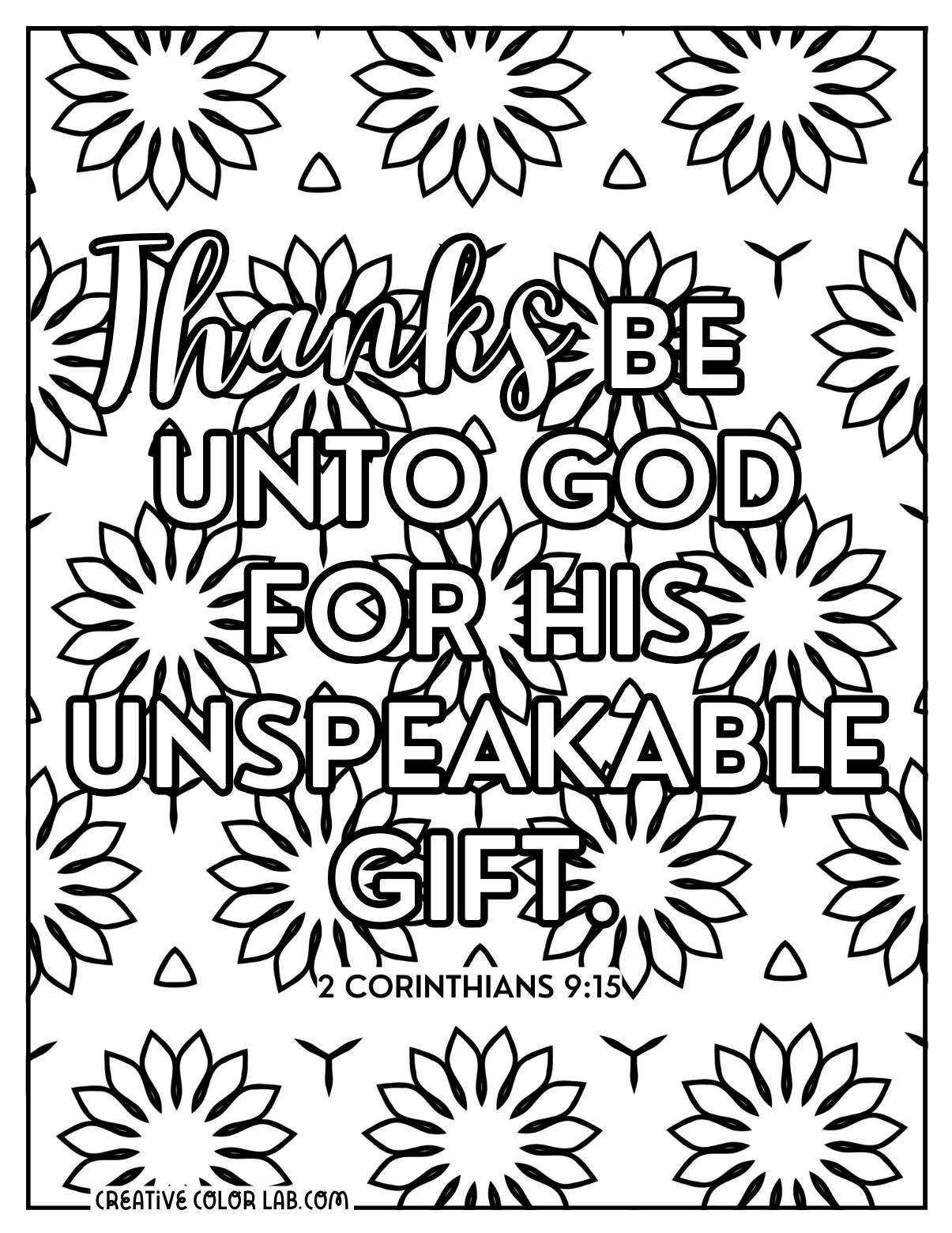2 Corinthians 9:15 Christian quote coloring page for adults.