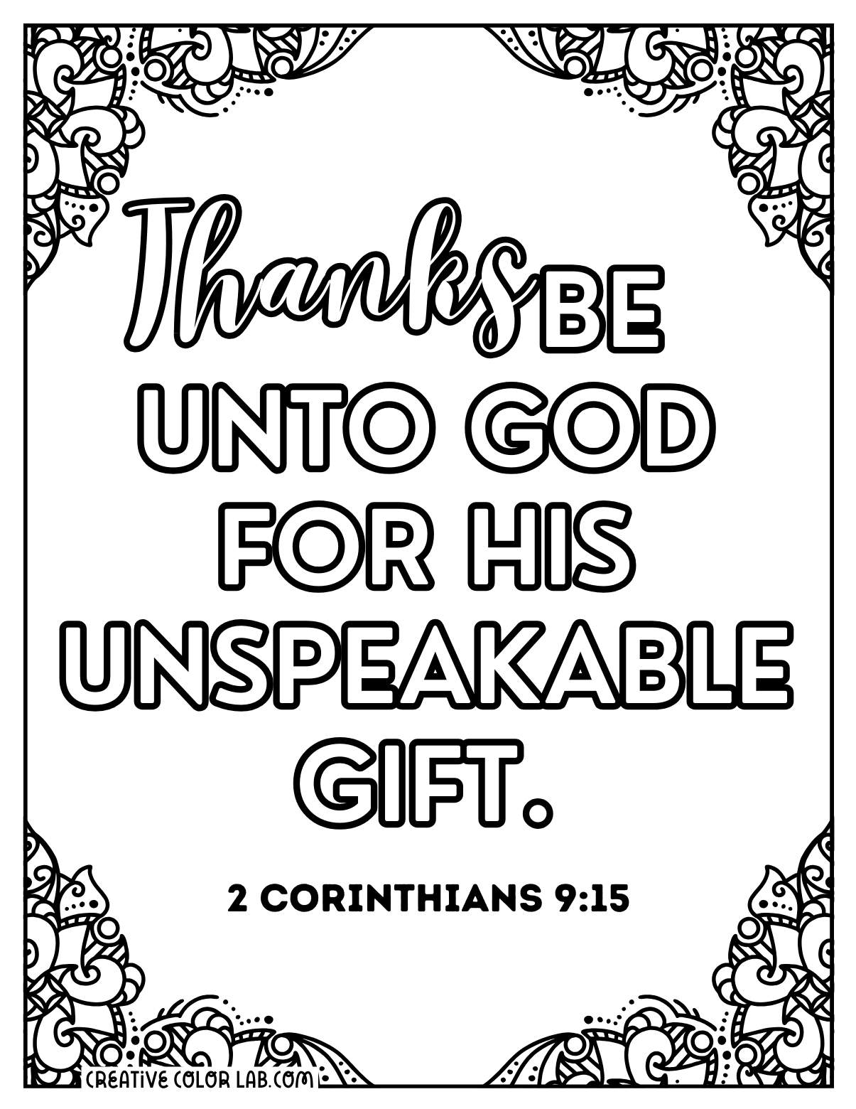 Christian quote coloring page for 2 Corinthians 9:15.