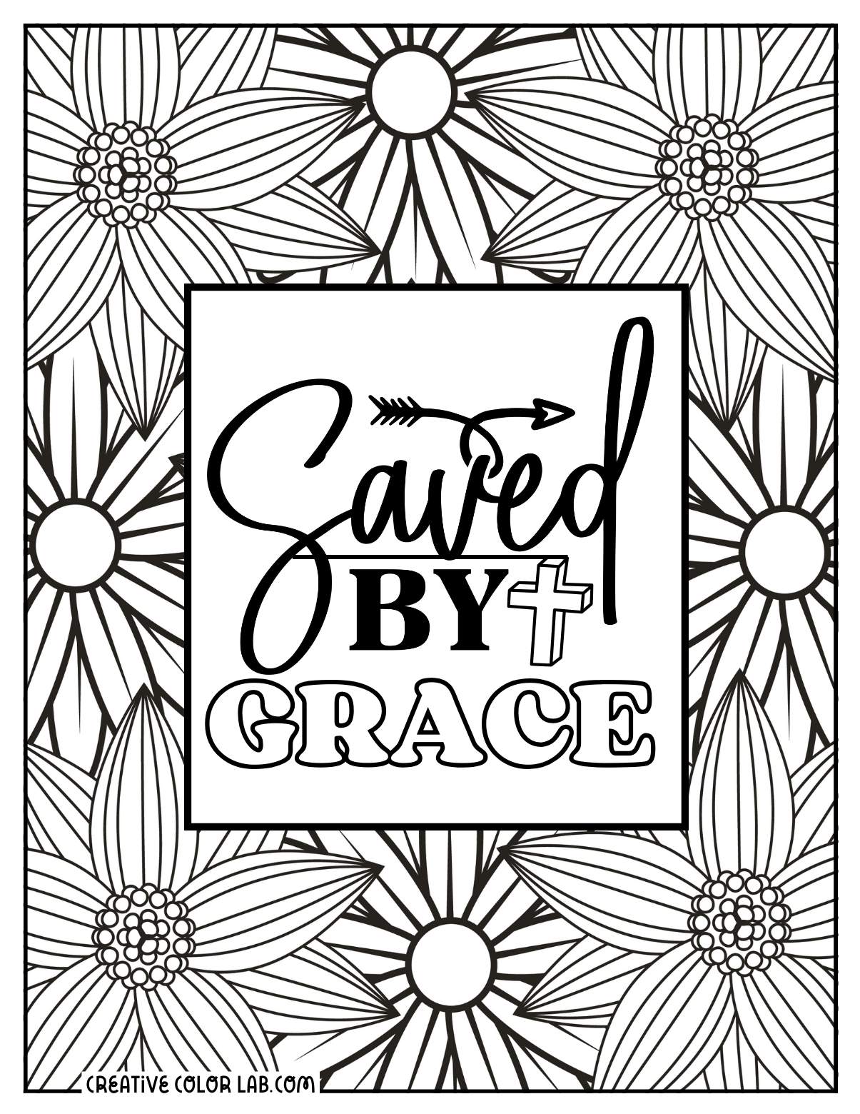 Saved by grace christian saying coloring sheet for adults.