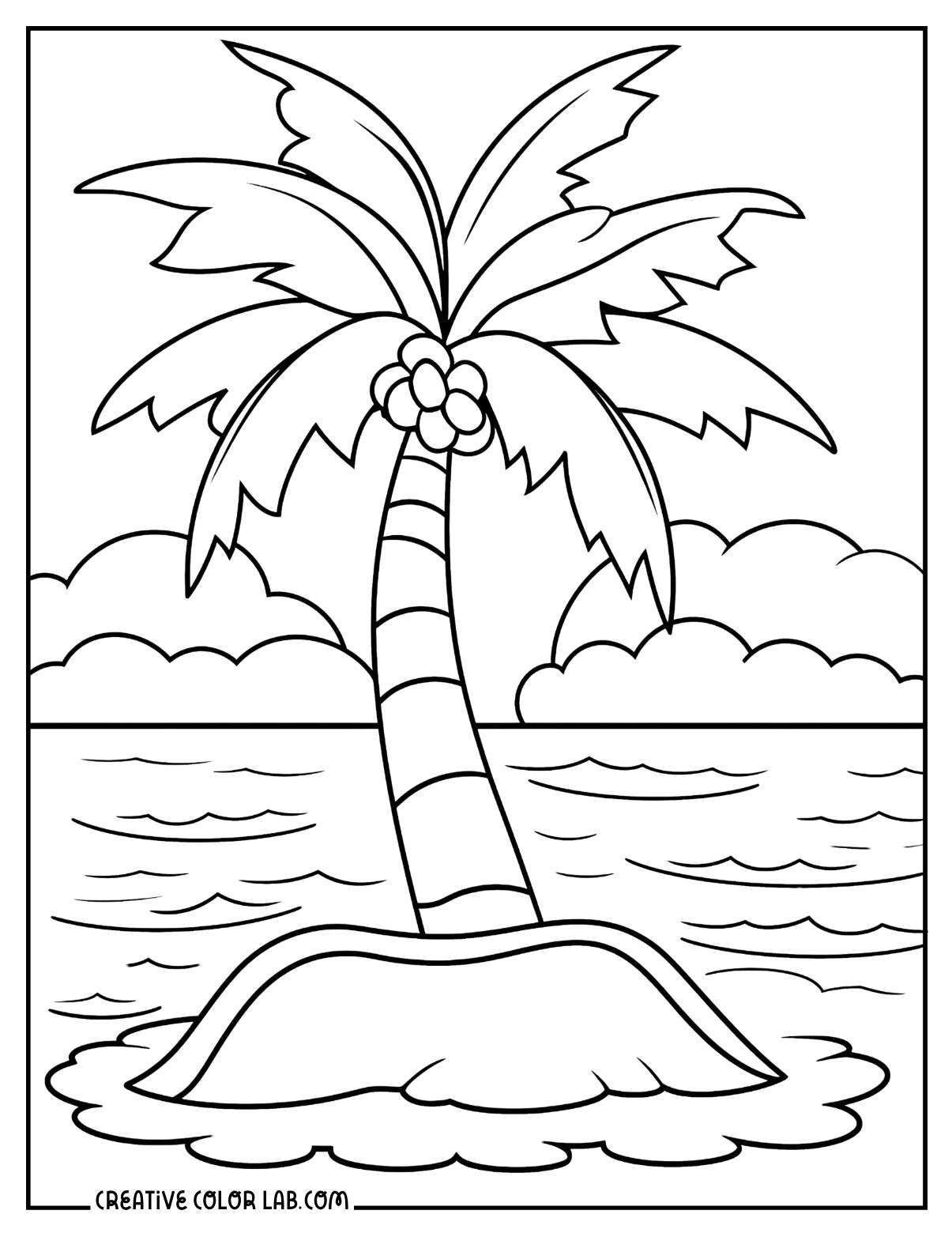 Coconut palm tree coloring page for summer.