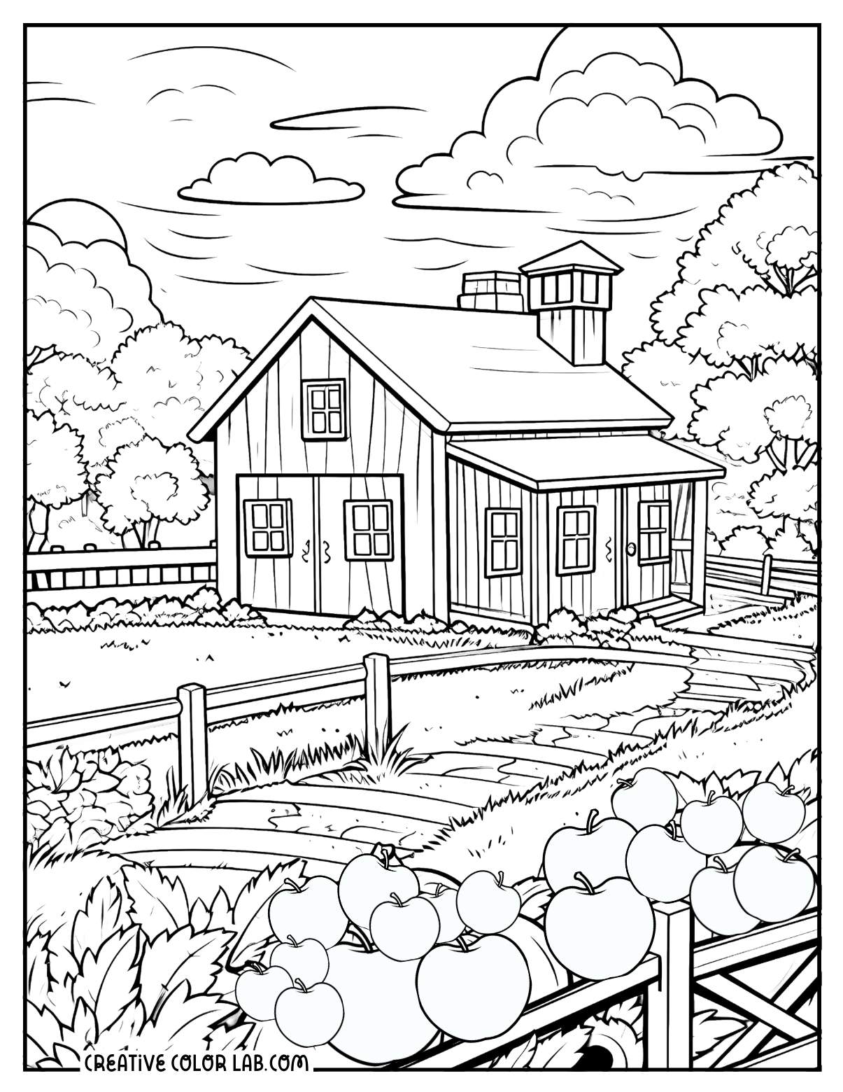 Coloring page of an apple farm.