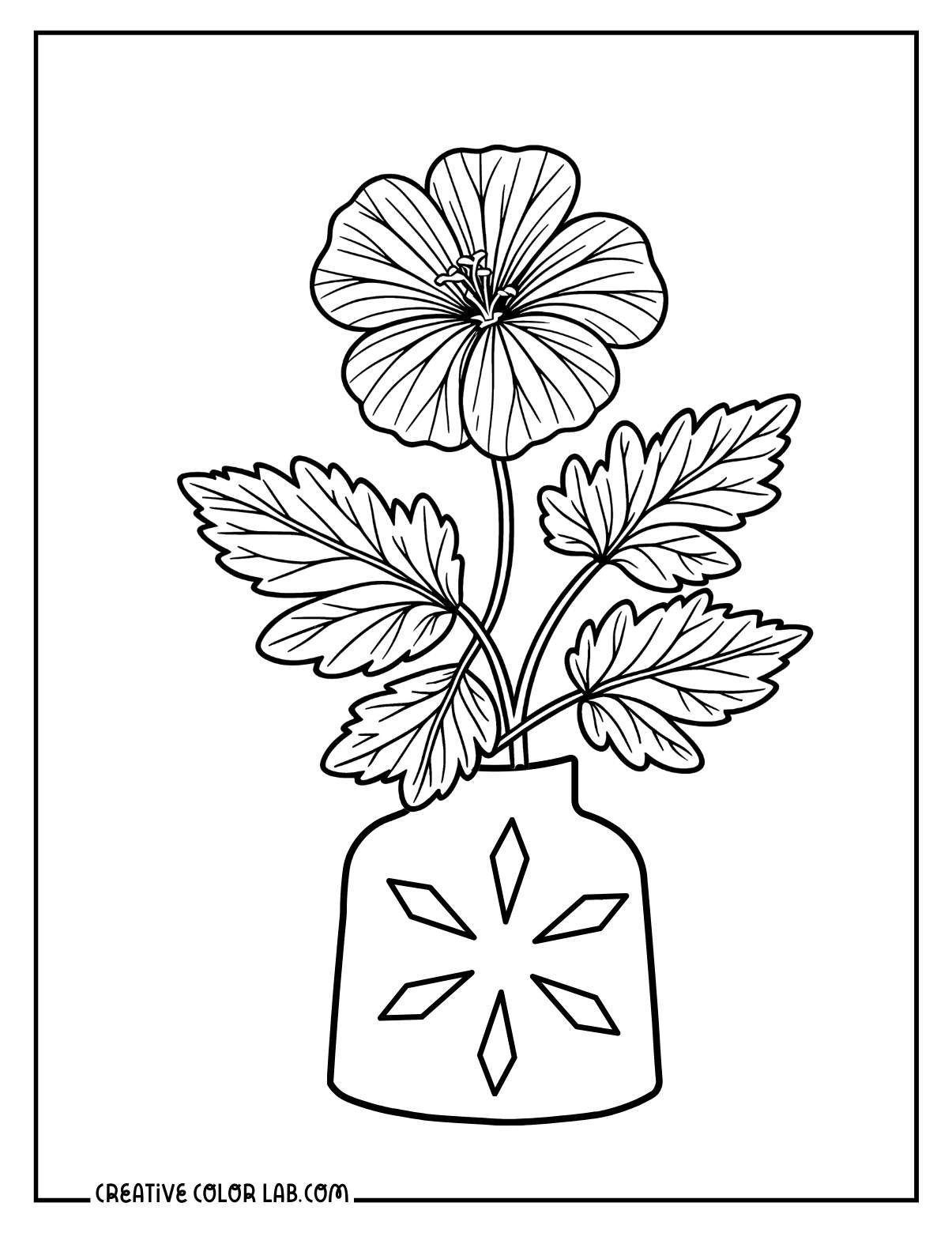 Hawaiian Red Cranesbill flowers on a vase coloring sheet.