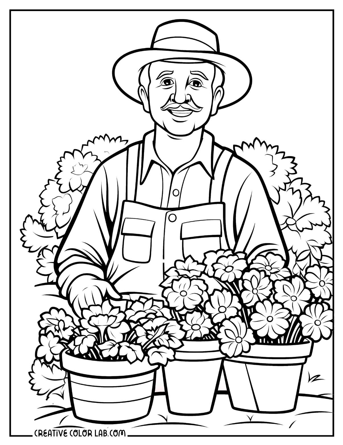 A senior citizen gardener tending the plants coloring page.