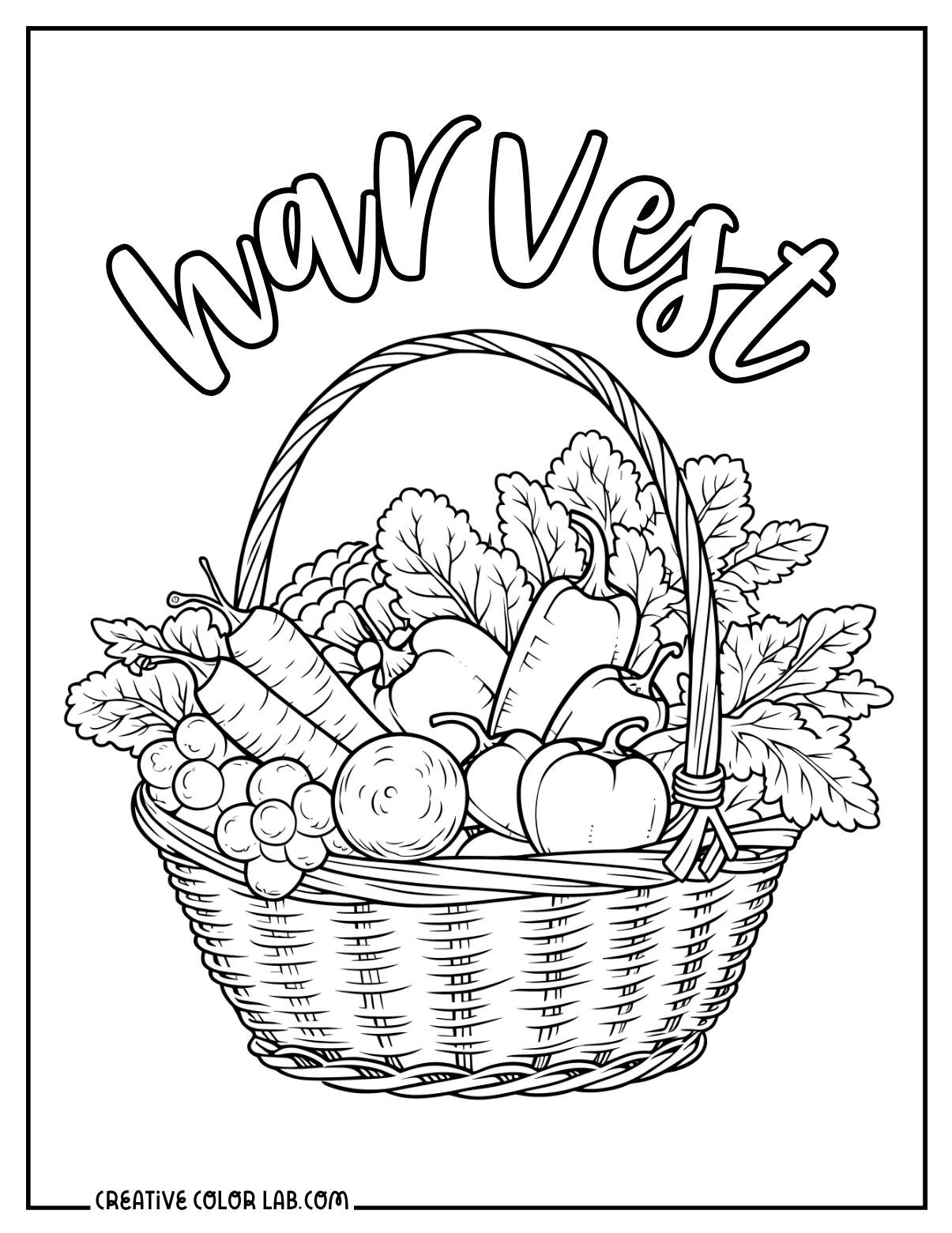 Vegetable harvest on a basket coloring page.