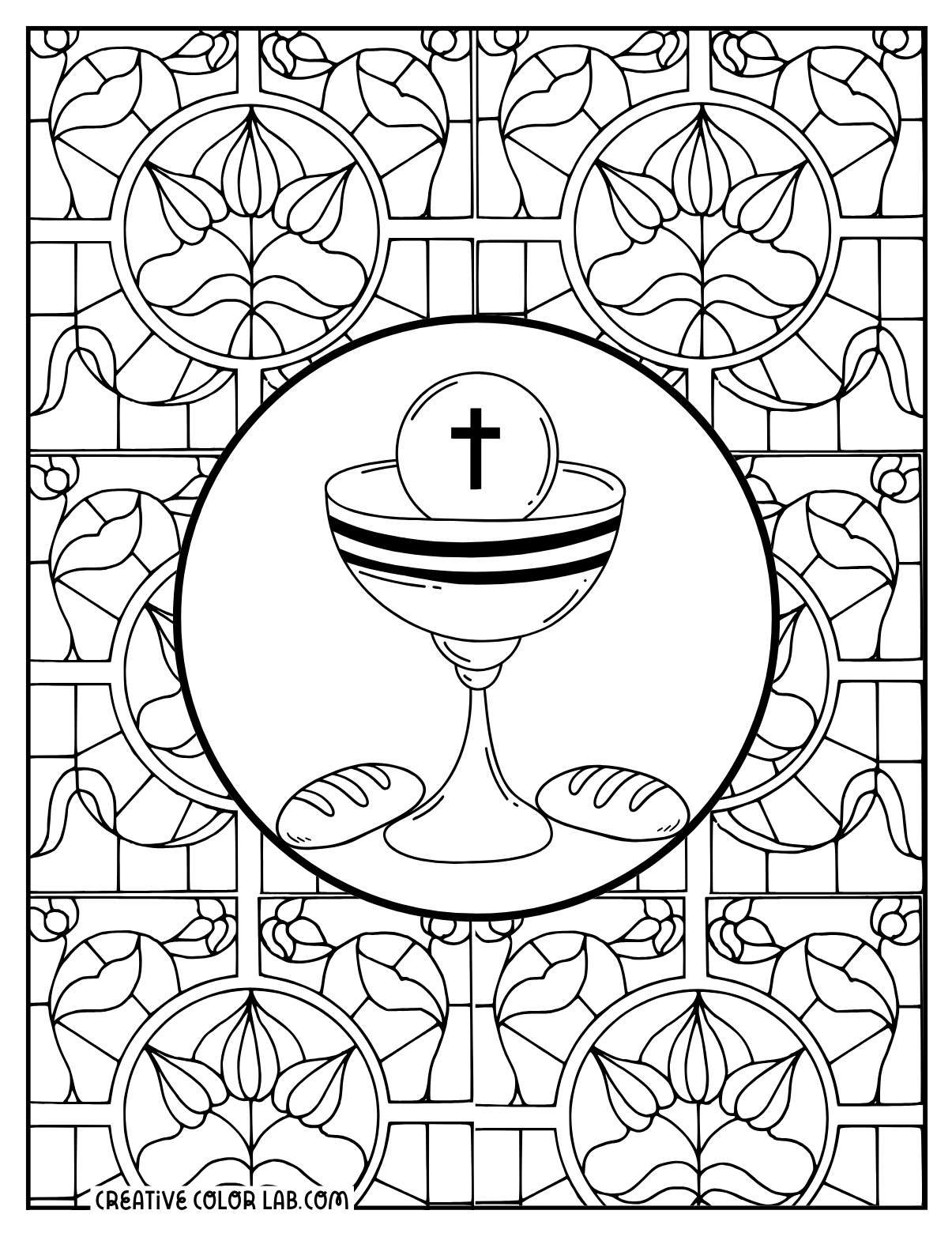 A communion chalice and bread with stained glass windows coloring sheet.