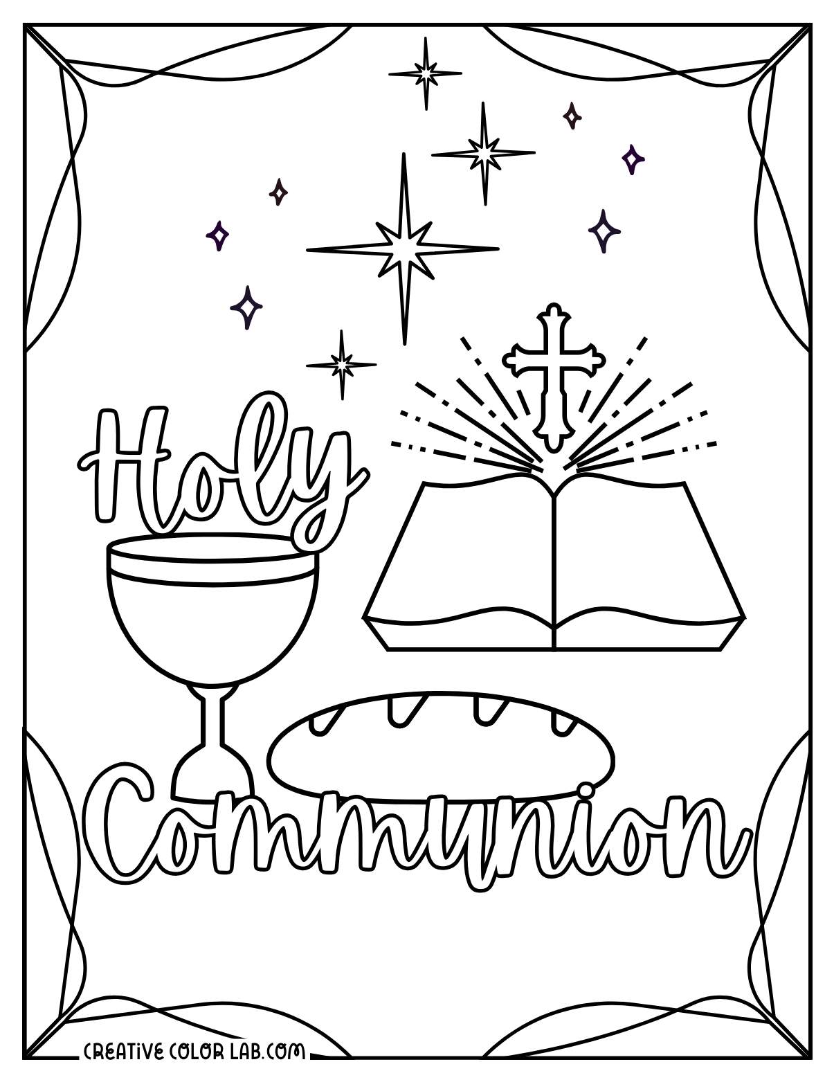 Confirmation coloring page of communion with a chalice, a bread, a cross and the bible.