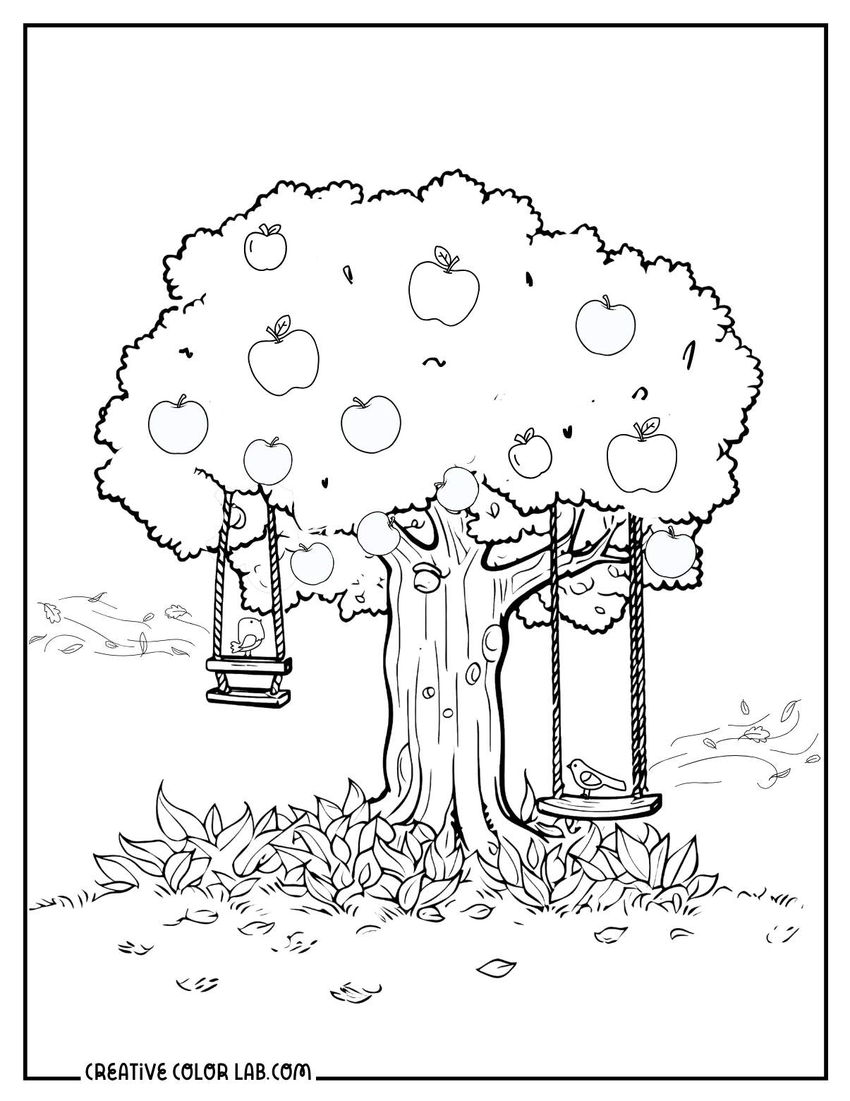 Cute apple tree with swings coloring sheet.