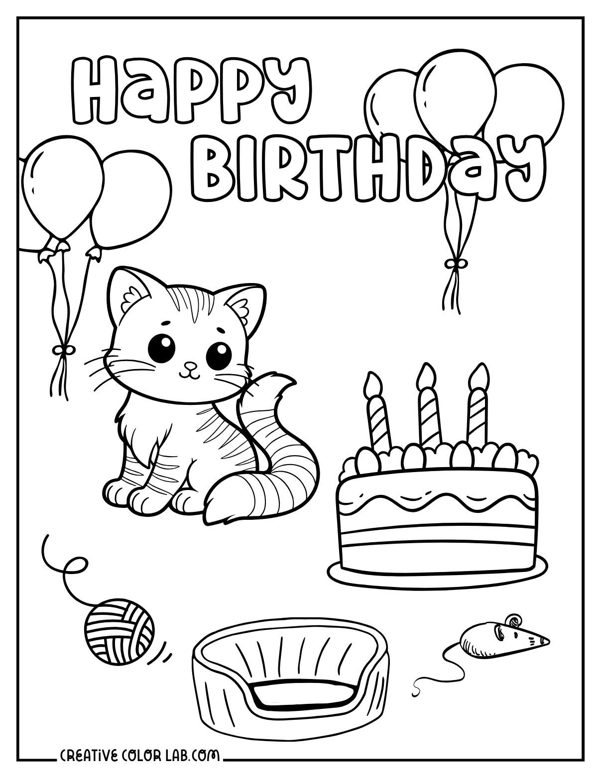 Cute cat birthday party coloring page.