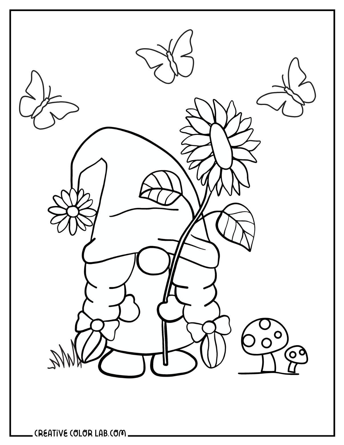 Cute gnome holding a sunflower coloring page.