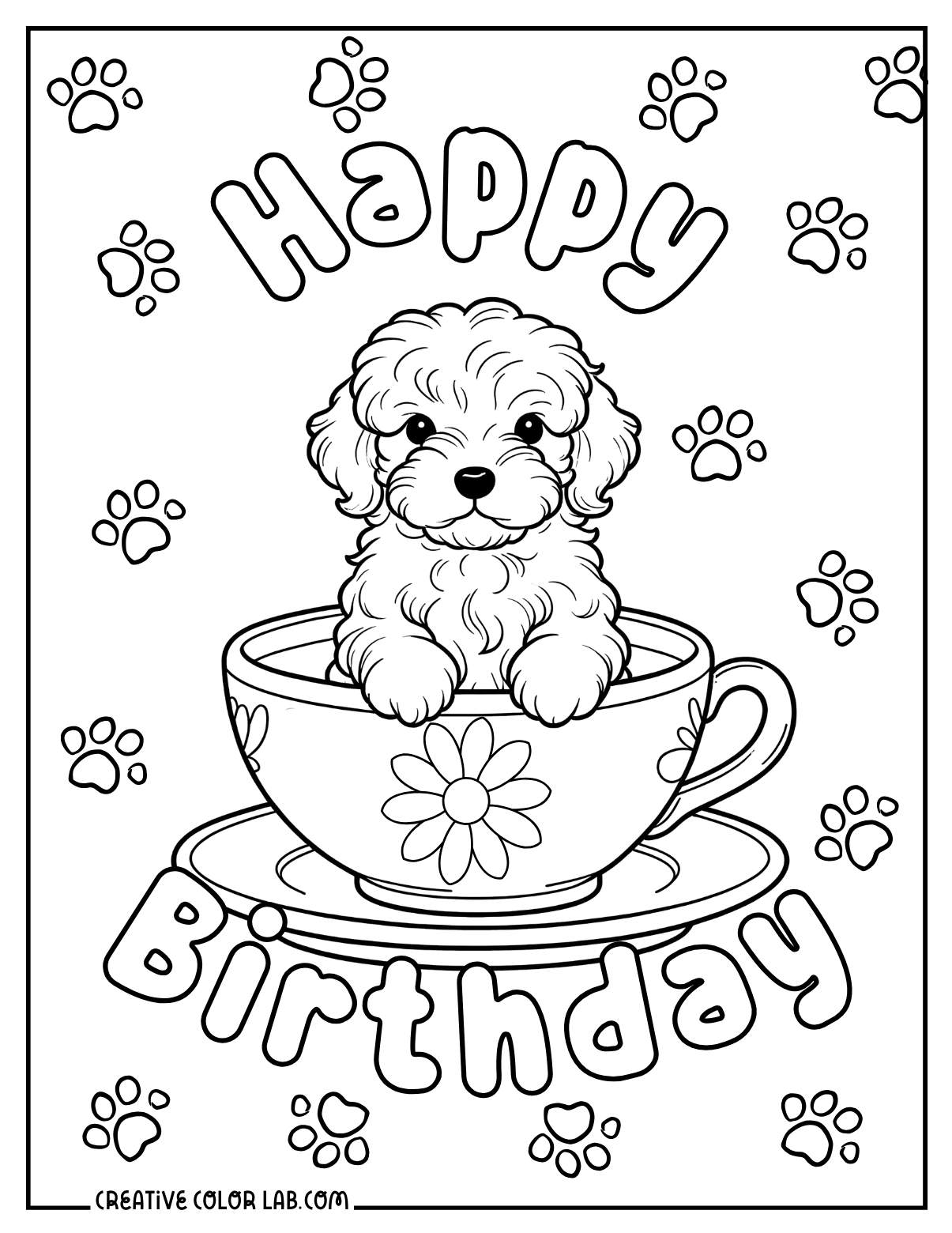 Cute puppy dog birthday coloring page with paws.