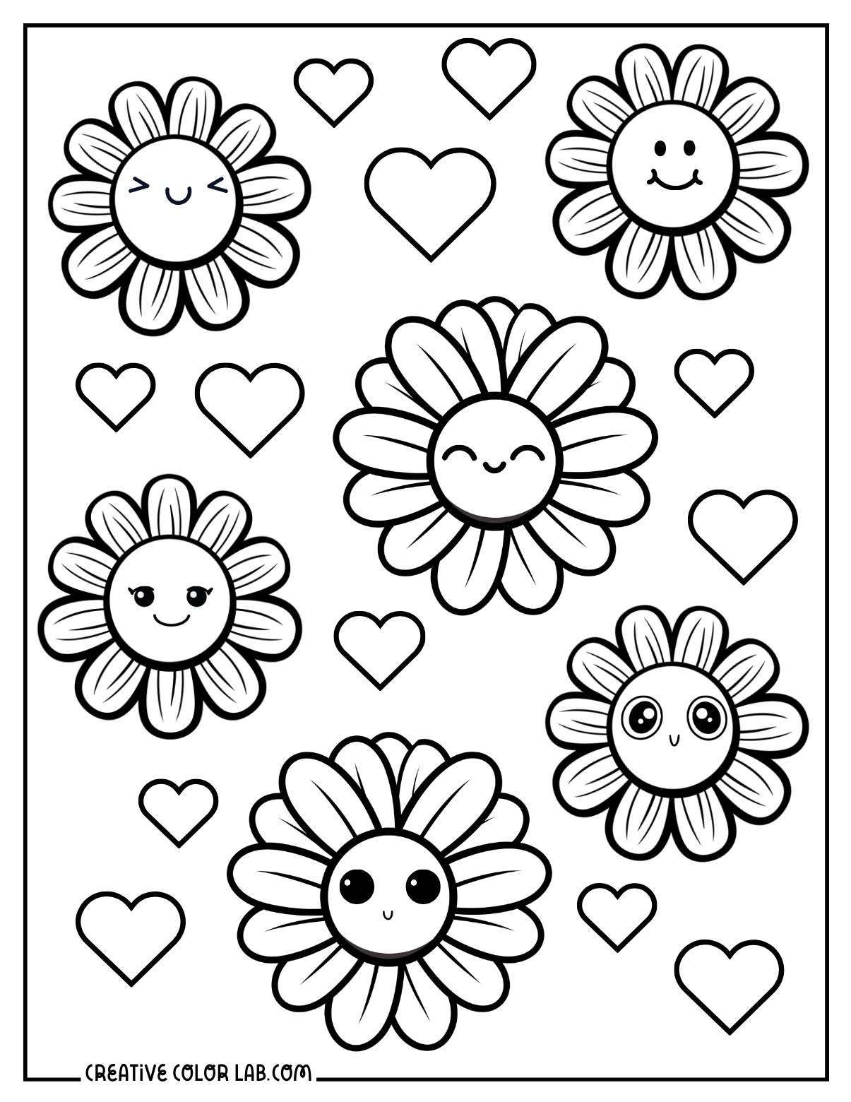 Daisies and hearts to color in.