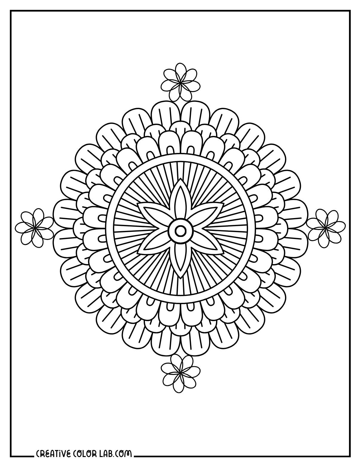 Detailed floral mandala coloring sheet.