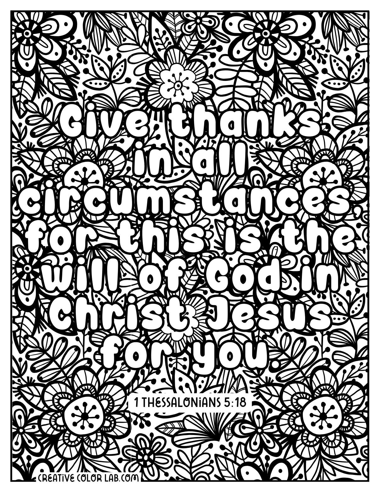 Detailed Thessalonians 5:18 bible quote coloring page.