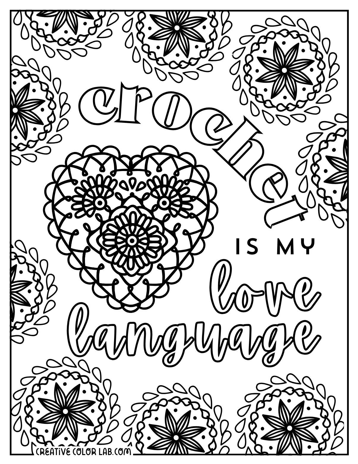 Detailed crochet lace doily coloring page.
