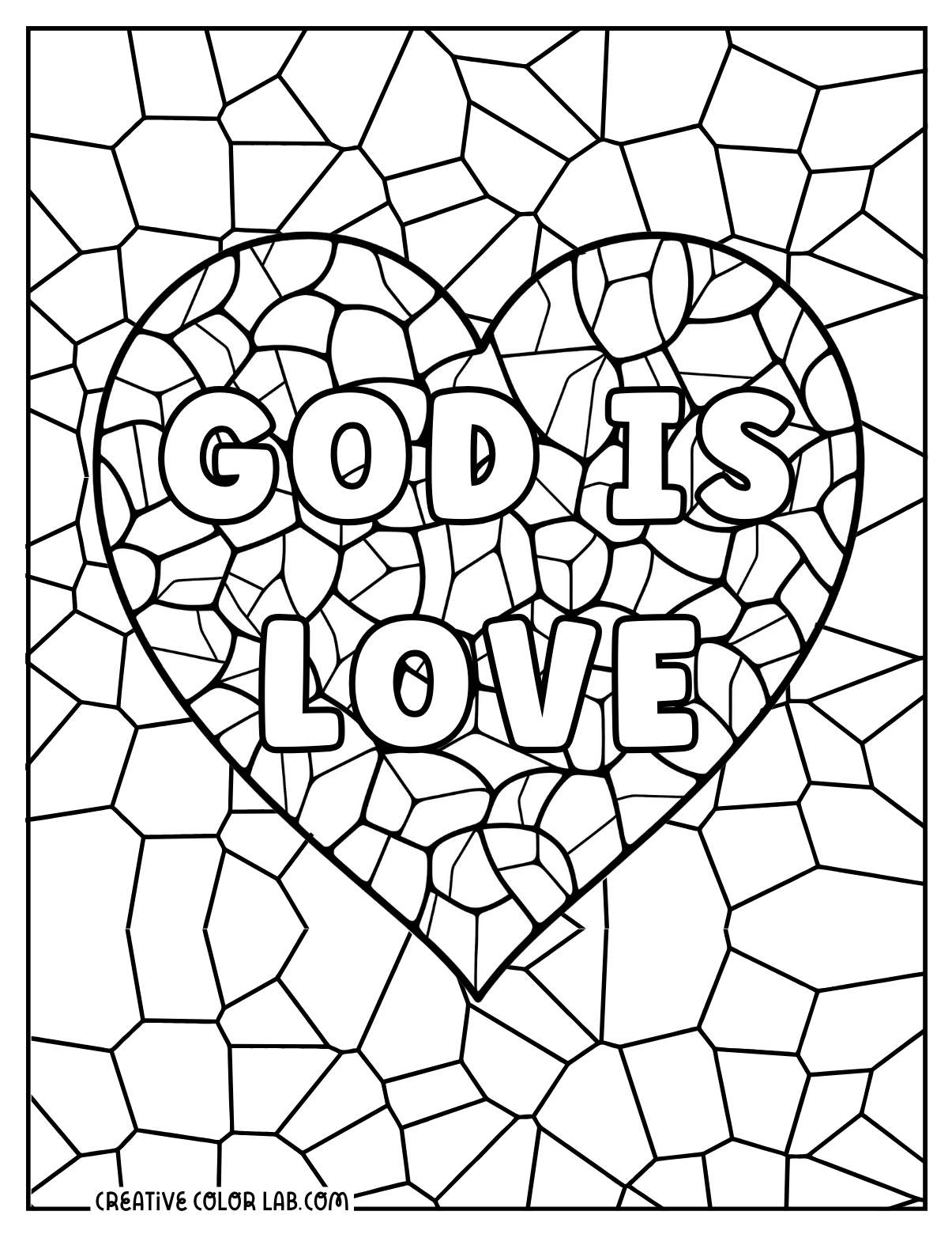 Detailed god is love mosaic coloring sheet for adults.