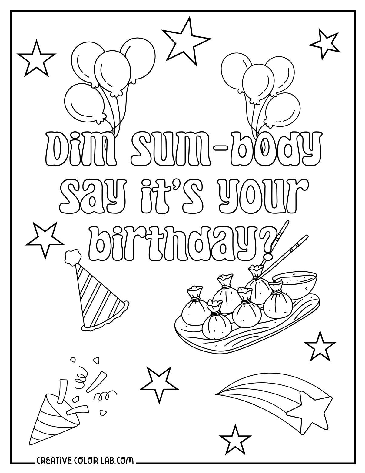 Dim sum birthday pun coloring page.