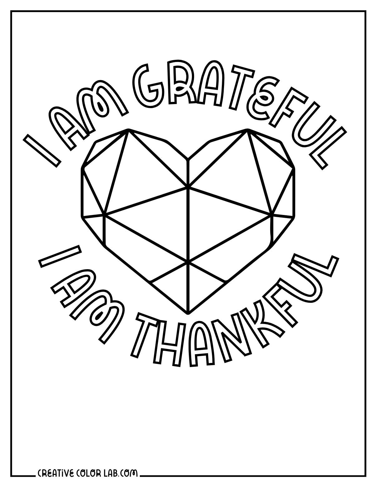 Easy I am grateful mosaic heart coloring sheet for kids.